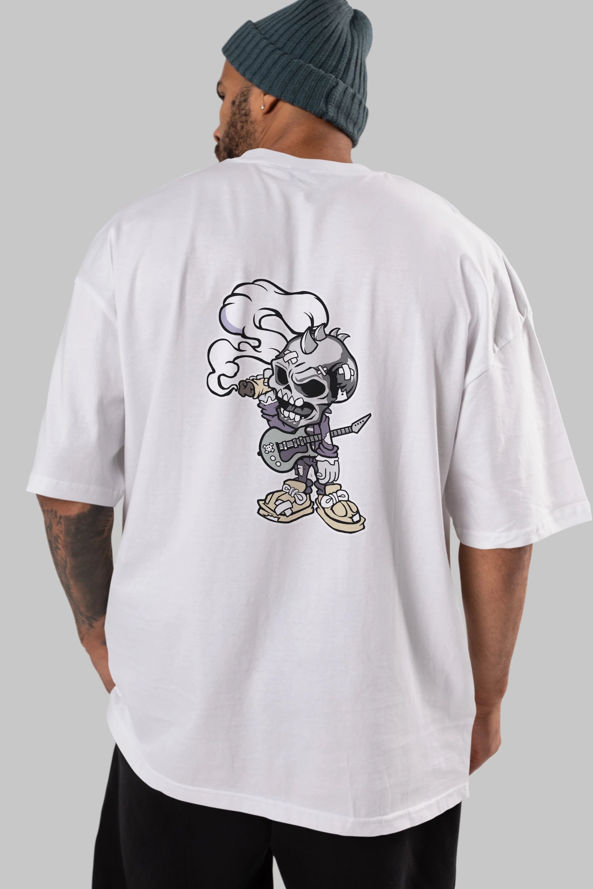 Skull Smoker Punk Rocker Arka Baskılı Oversize t-shirt Erkek Kadın Unisex %100 Pamuk tişort