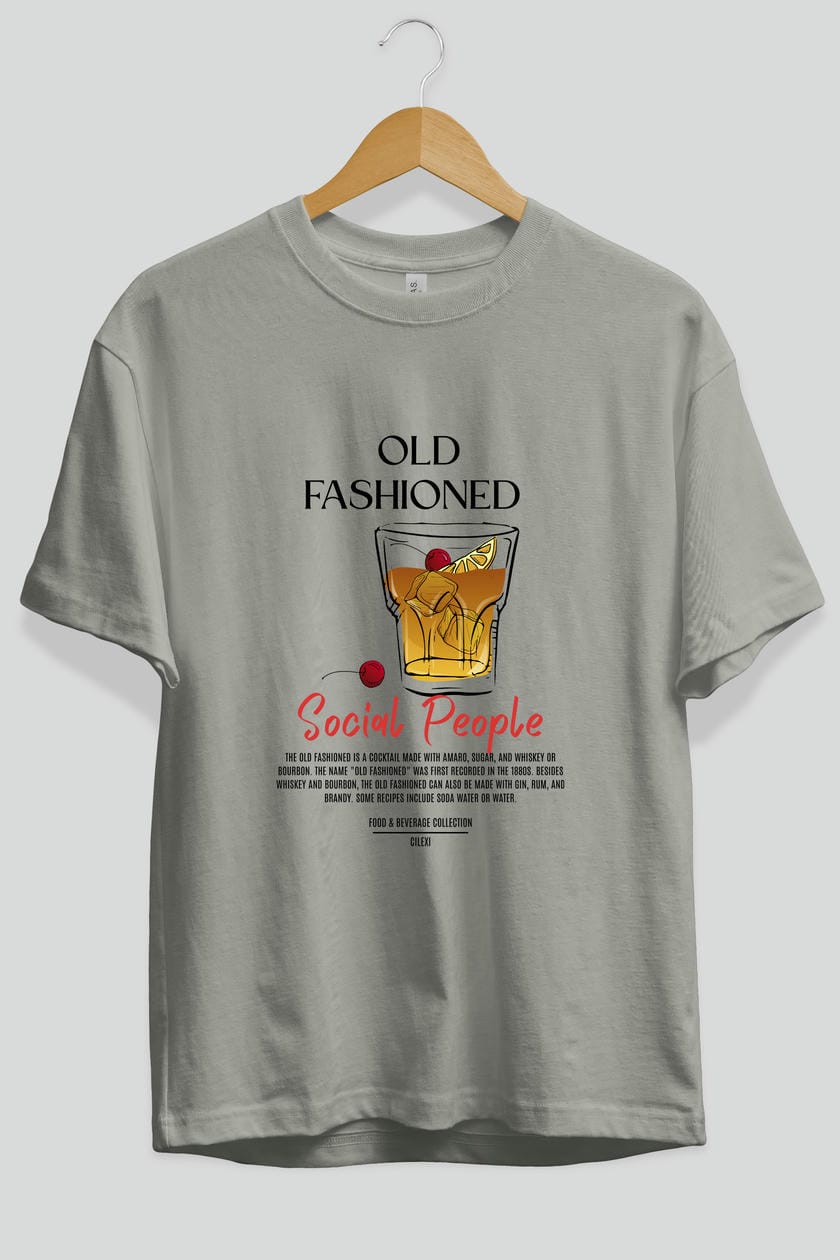 Old Fashıoned Kokteyl Serisi ön Baskılı Oversize t-shirt Erkek Kadın %100 Pamuk Bisiklet Yaka tişort