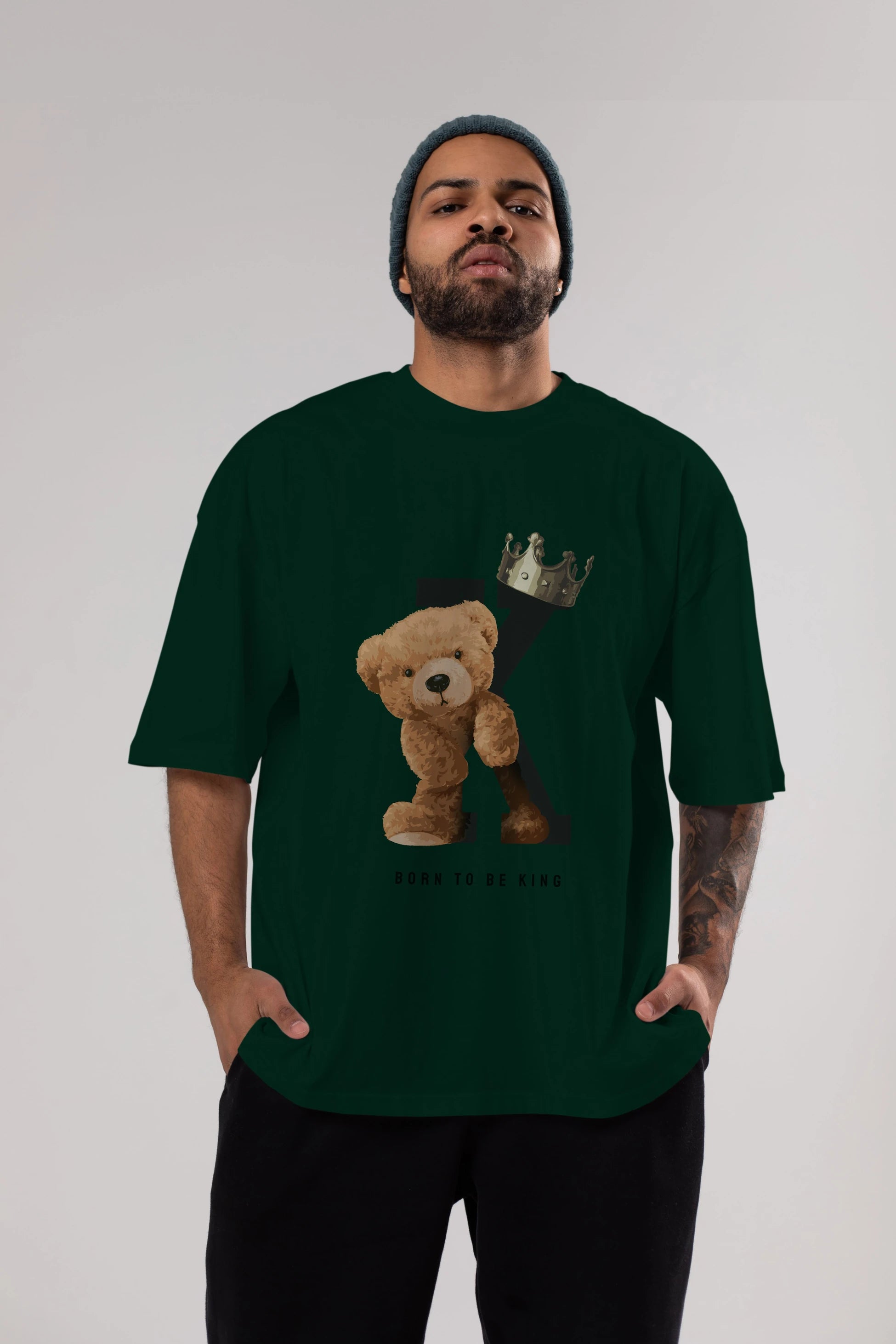 Teddy Bear Born To Be King Ön Baskılı Oversize t-shirt Erkek Kadın Unisex %100 Pamuk