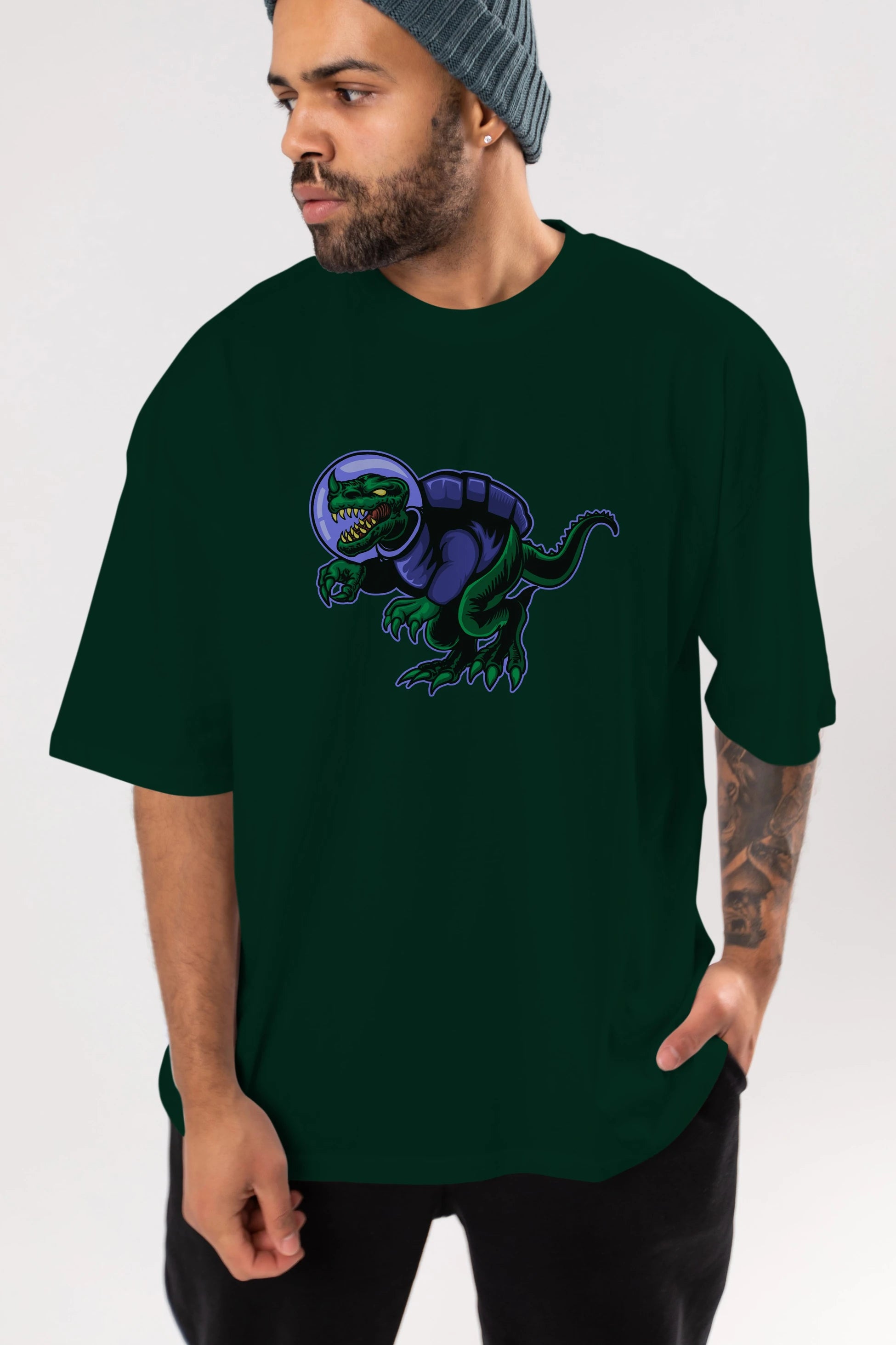Space Dino Ön Baskılı Oversize t-shirt Erkek Kadın Unisex