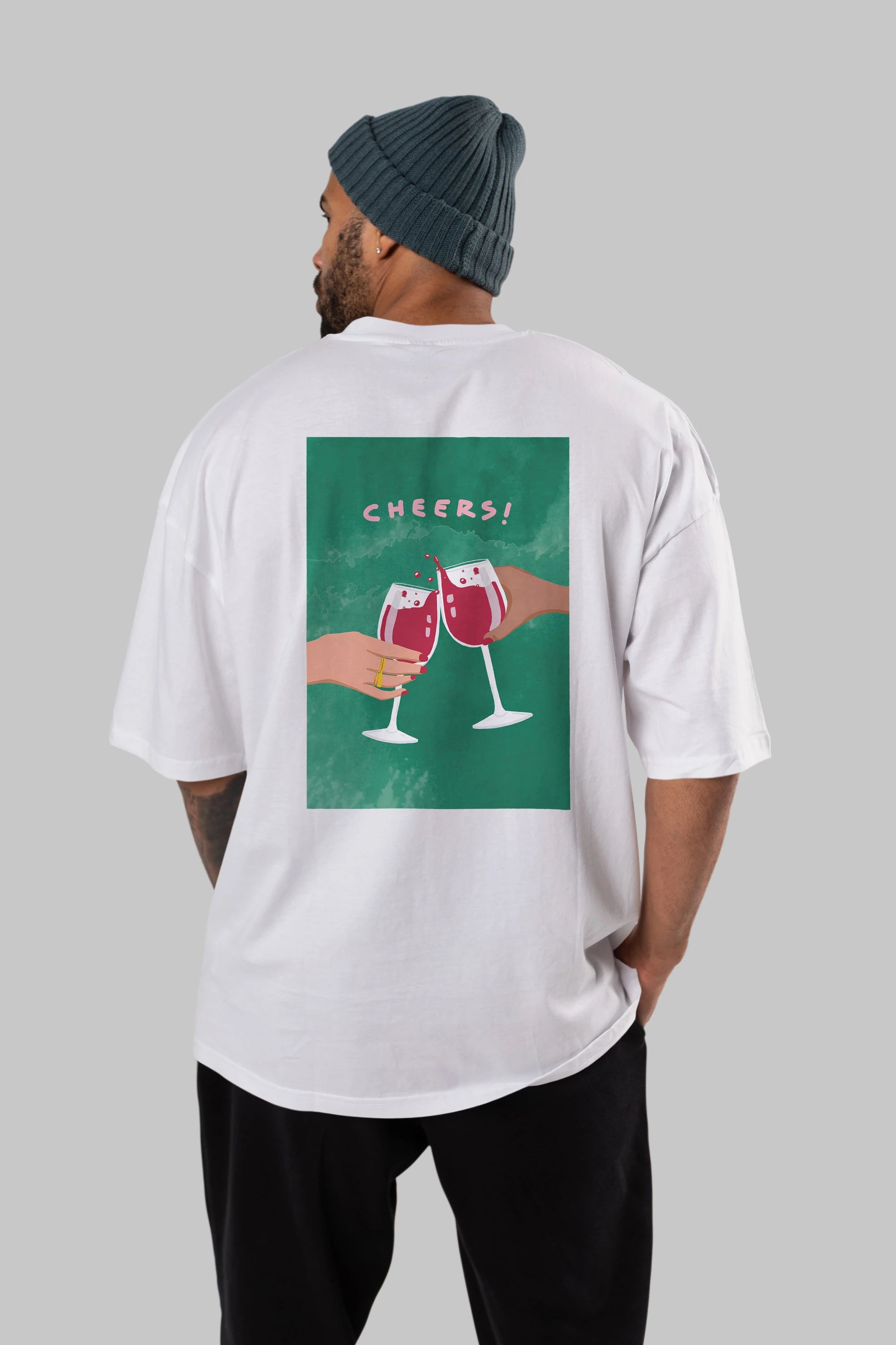 Cheers Arka Baskılı Oversize t-shirt Erkek Kadın Unisex %100 Pamuk Bisiklet Yaka tişort