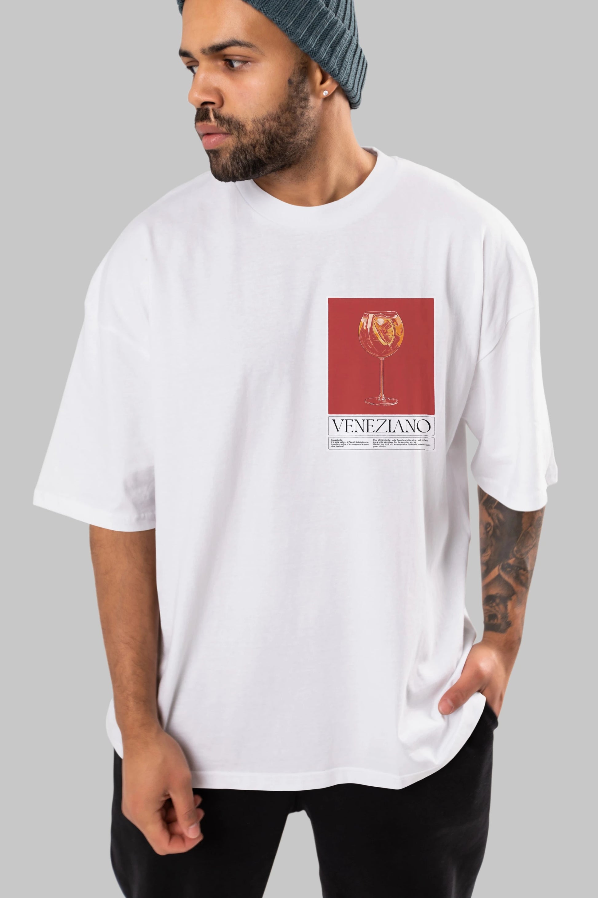 Veneziano Ön Sol Baskılı Oversize t-shirt Erkek Kadın Unisex %100 Pamuk Bisiklet Yaka tişort