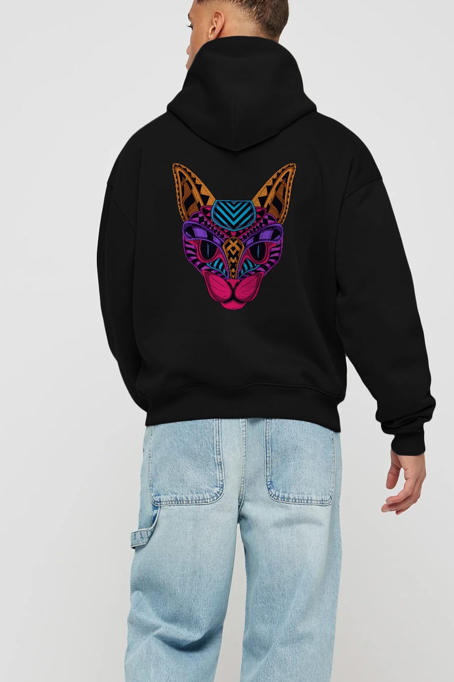 Black Neon Cat Arka Baskılı Oversize Hoodie Kapüşonlu Sweatshirt Erkek Kadın Unisex