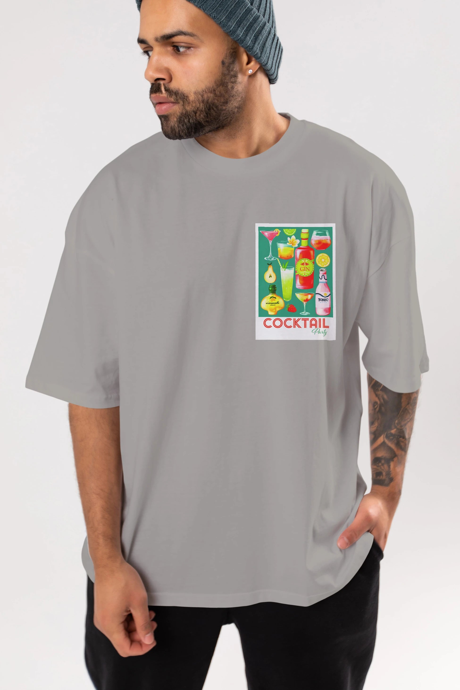 Cocktail Party 2 Ön Sol Baskılı Oversize t-shirt Erkek Kadın Unisex %100 Pamuk Bisiklet Yaka tişort