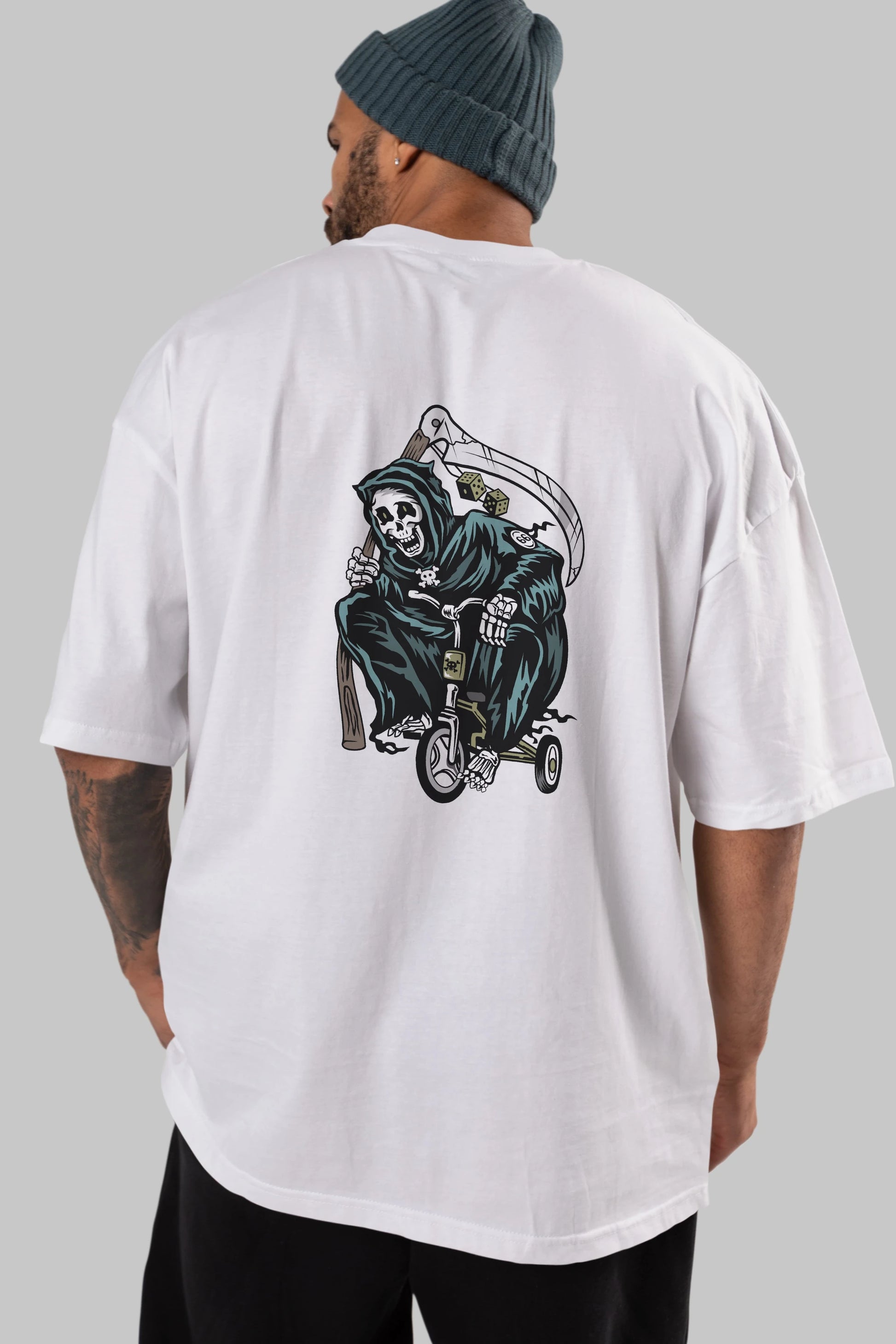 Grim Reaper Bicycle Arka Baskılı Oversize t-shirt Erkek Kadın Unisex %100 Pamuk tişort