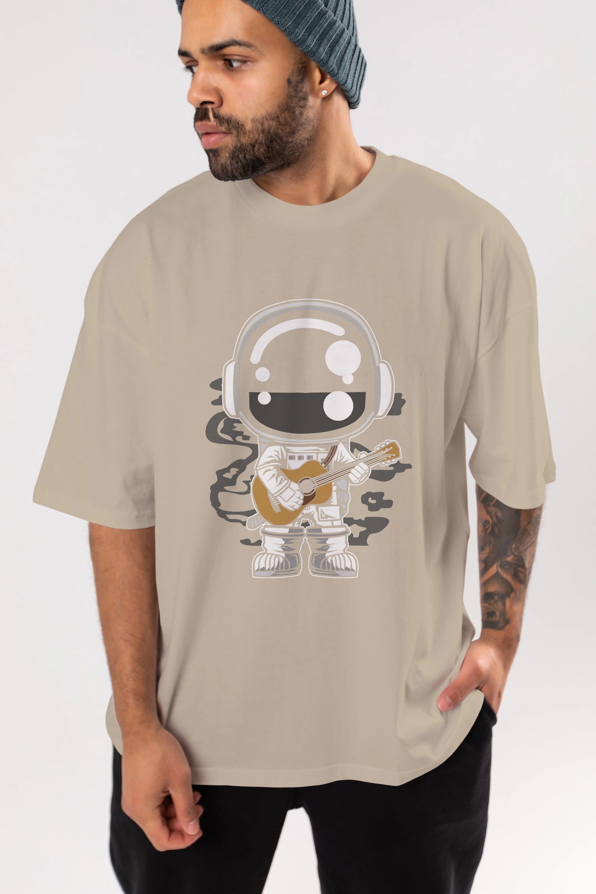 Astronaut Acoustic Guitar Ön Baskılı Oversize t-shirt Erkek Kadın Unisex