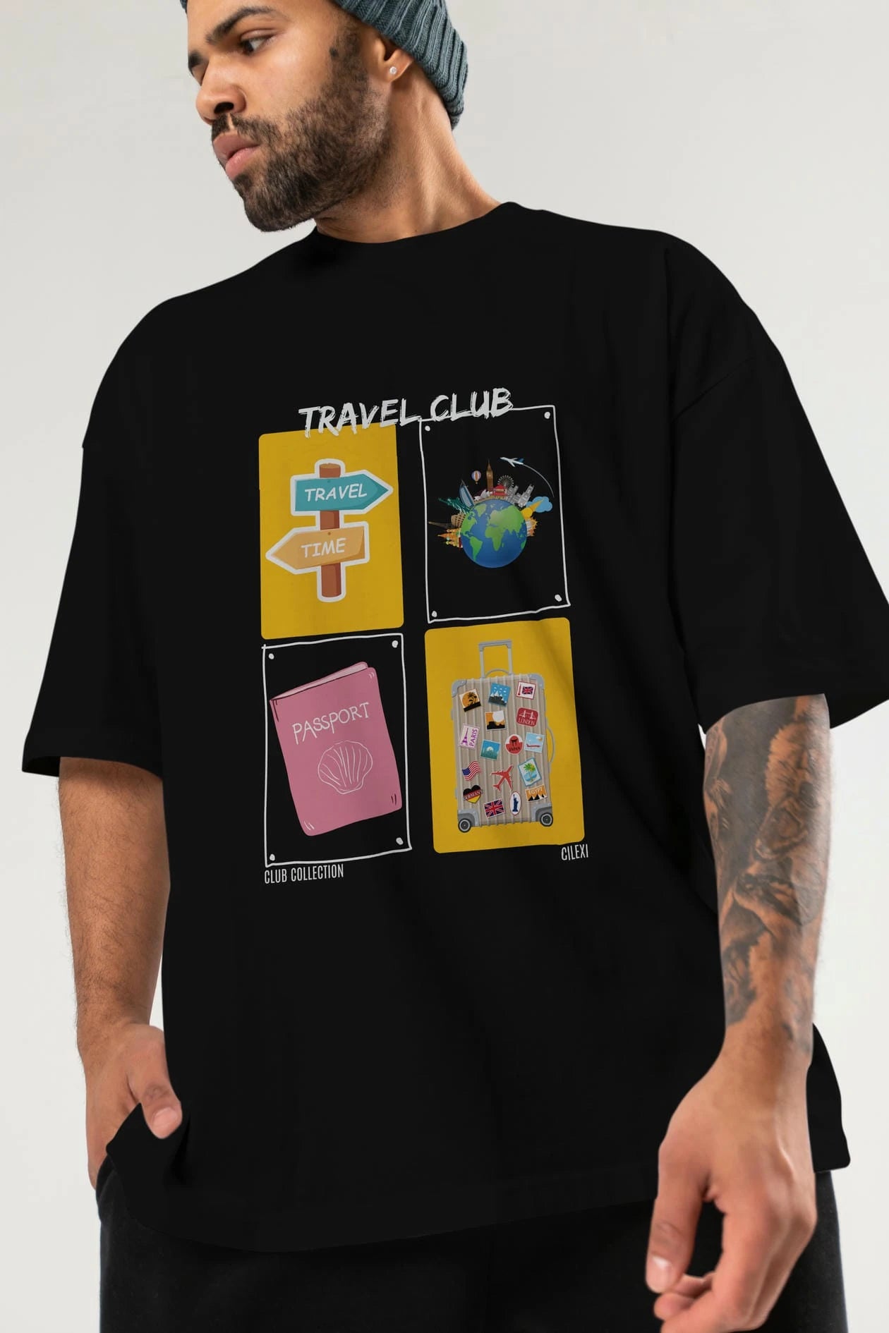 Travel Club ön Baskılı Oversize t-shirt Erkek Kadın %100 Pamuk Bisiklet Yaka tişort