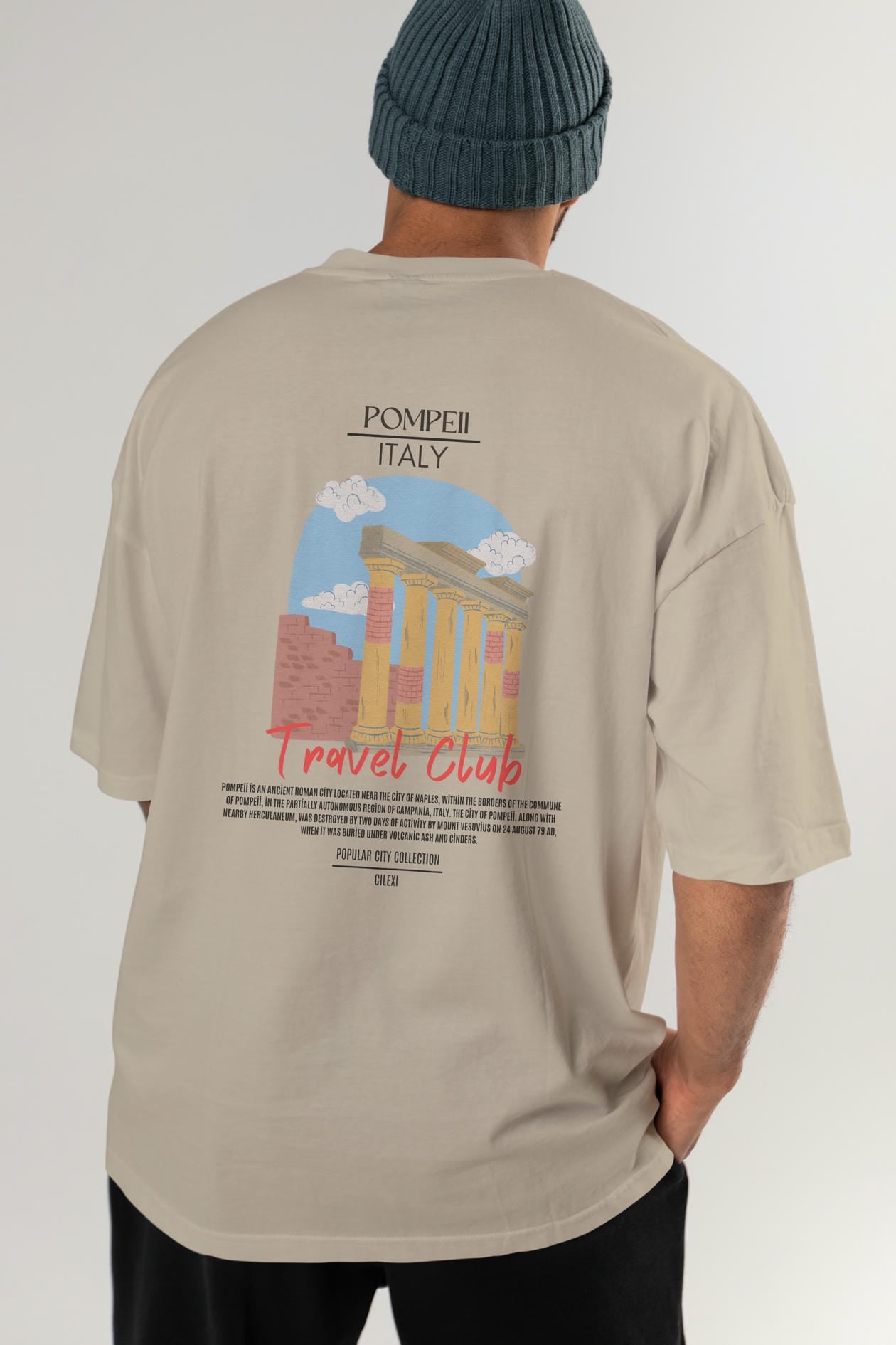Pompeii İtaly Arka Baskılı Oversize t-shirt Erkek Kadın Pamuk Bisiklet Yaka tişort