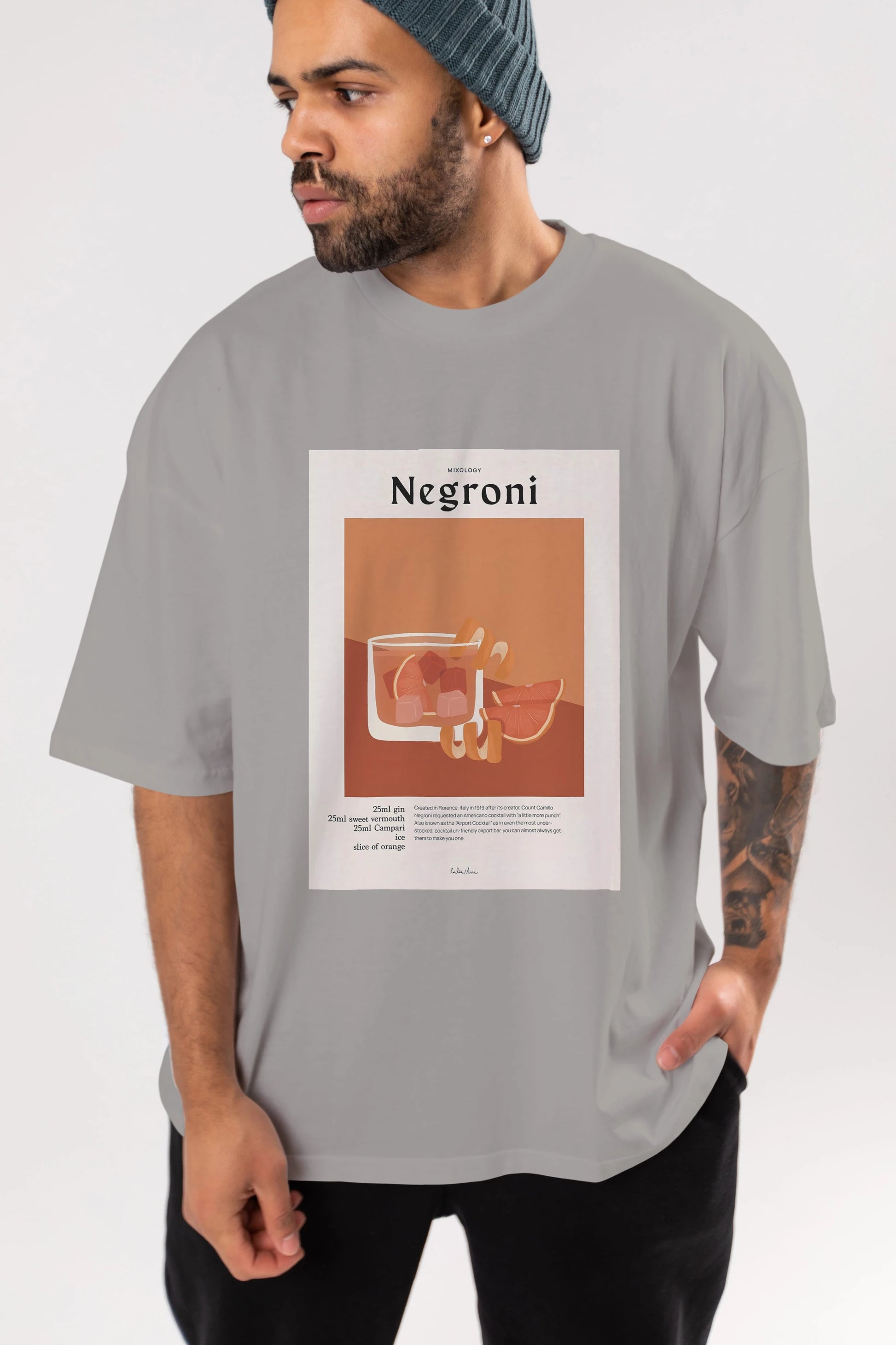 Mixology Negroni Ön Baskılı Oversize t-shirt Erkek Kadın Unisex %100 Pamuk Bisiklet Yaka tişort