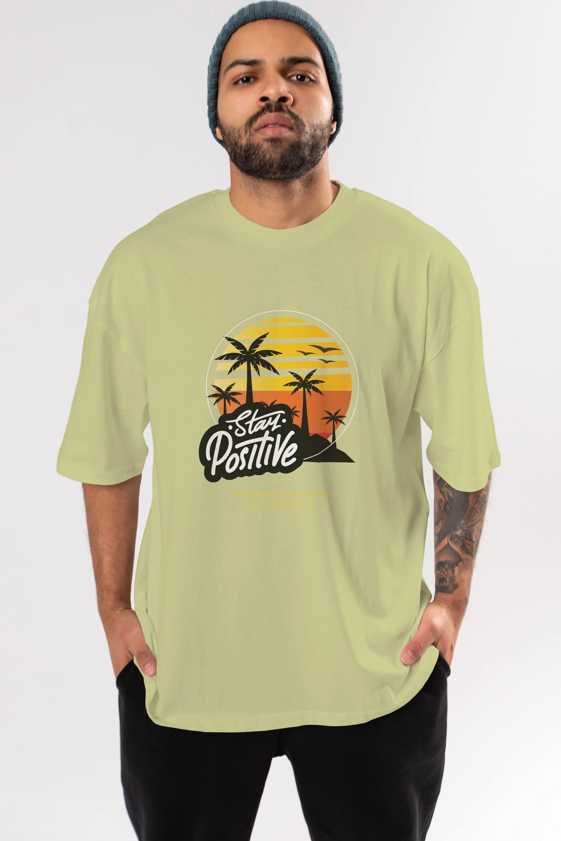 Stay Positive Yazılı Ön Baskılı Oversize t-shirt Erkek Kadın Unisex