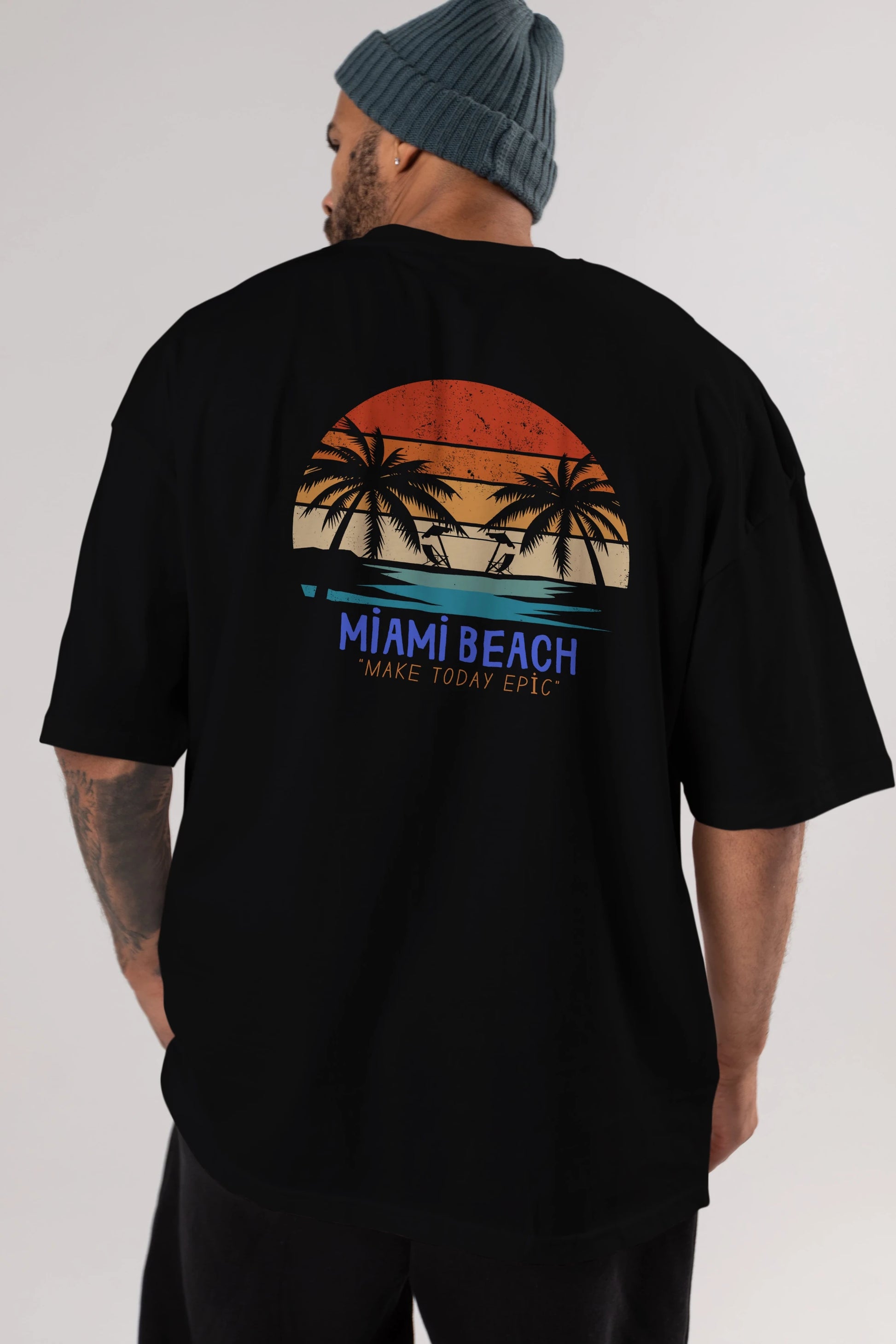 Miami Beach Yazılı Arka Baskılı Oversize t-shirt Erkek Kadın Unisex