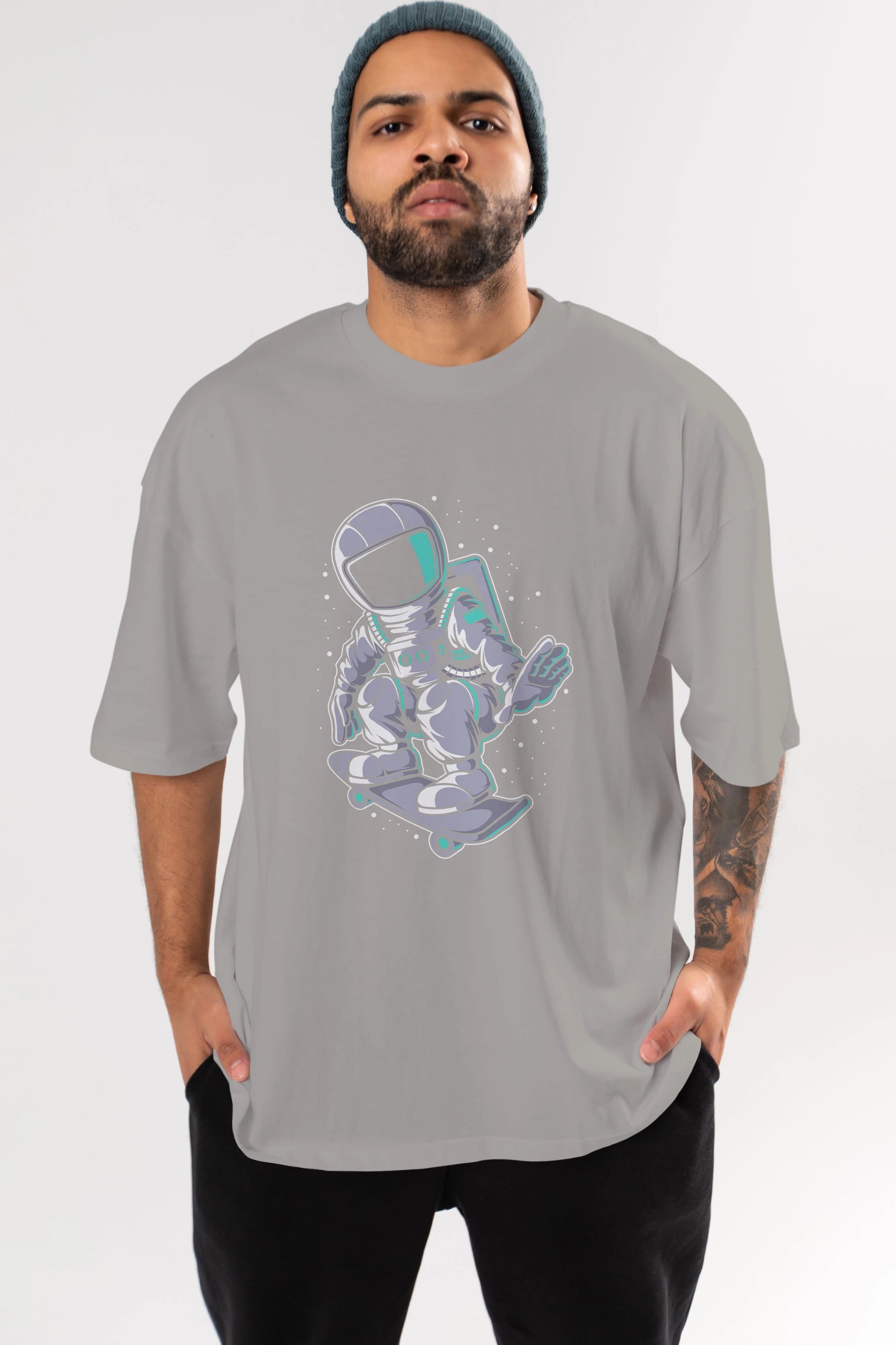 Astronaut Skater Ön Baskılı Oversize t-shirt Erkek Kadın Unisex