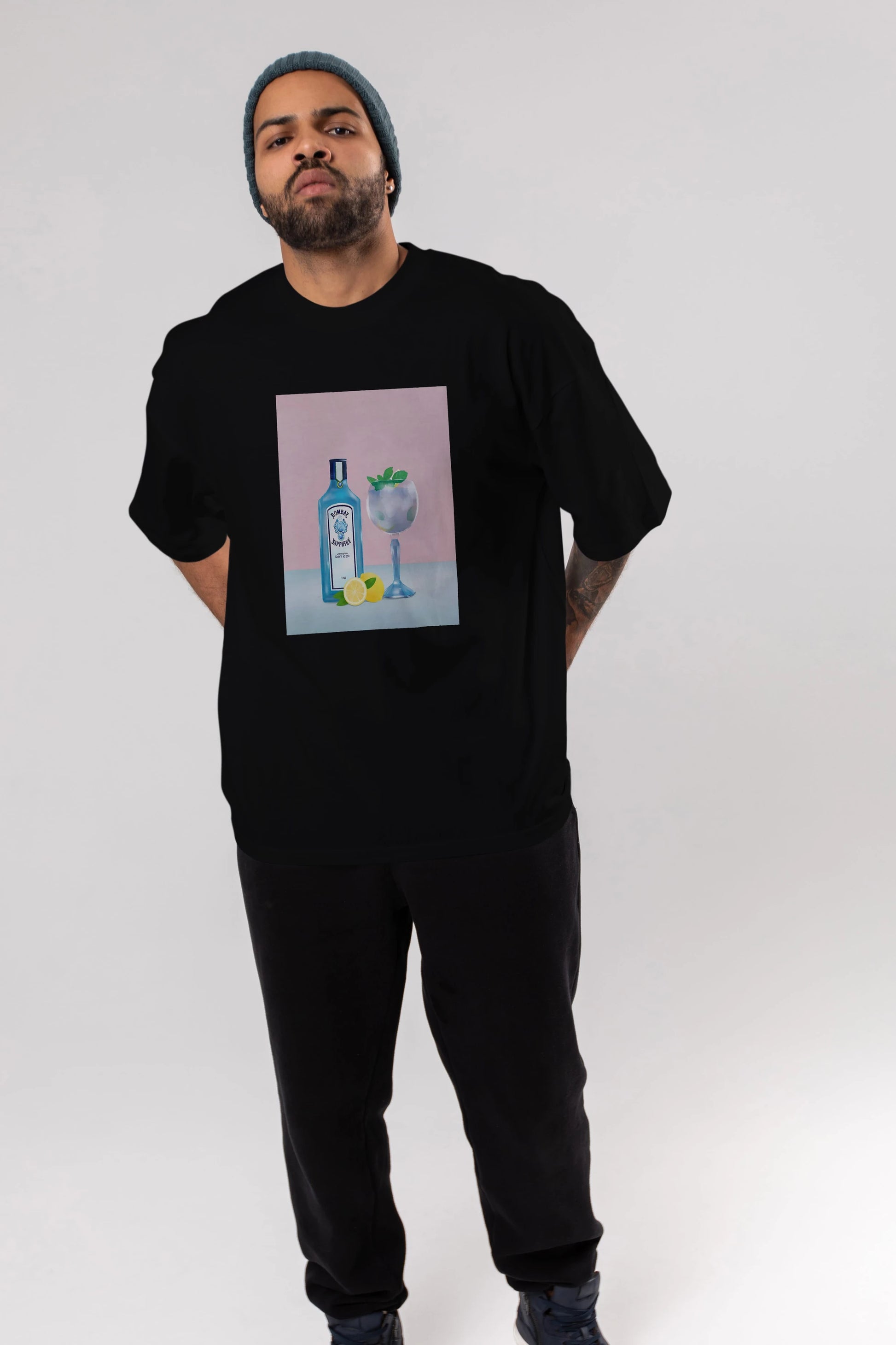 Bombay Sapphire Dry Gin Ön Baskılı Oversize t-shirt Erkek Kadın Unisex %100 Pamuk Bisiklet Yaka tişort