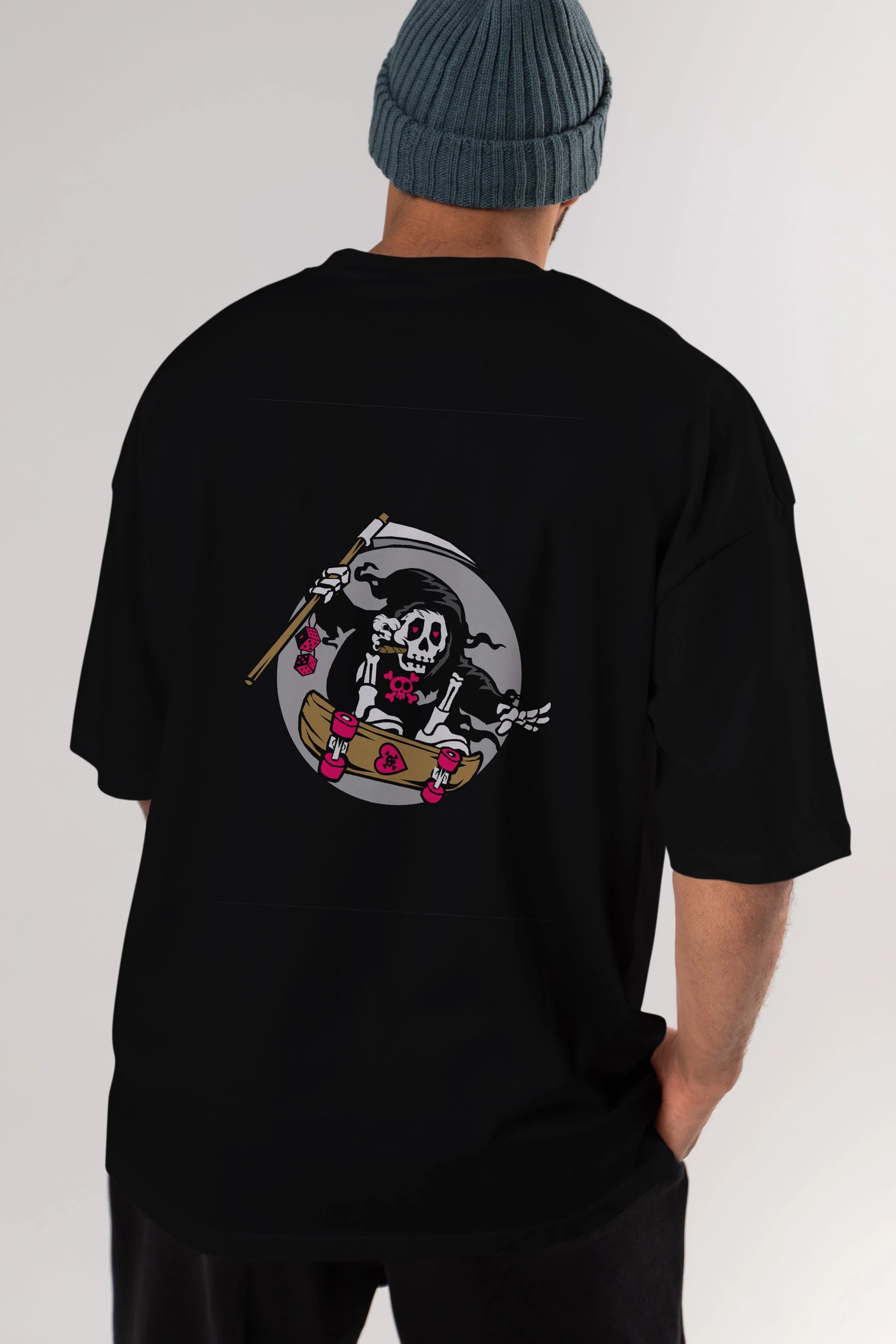 Grim Skater Arka Baskılı Oversize t-shirt Erkek Kadın Unisex %100 Pamuk tişort