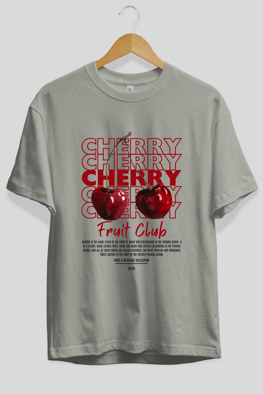 Cherry Ön Baskılı Oversize t-shirt Erkek Kadın Pamuk Bisiklet Yaka tişort