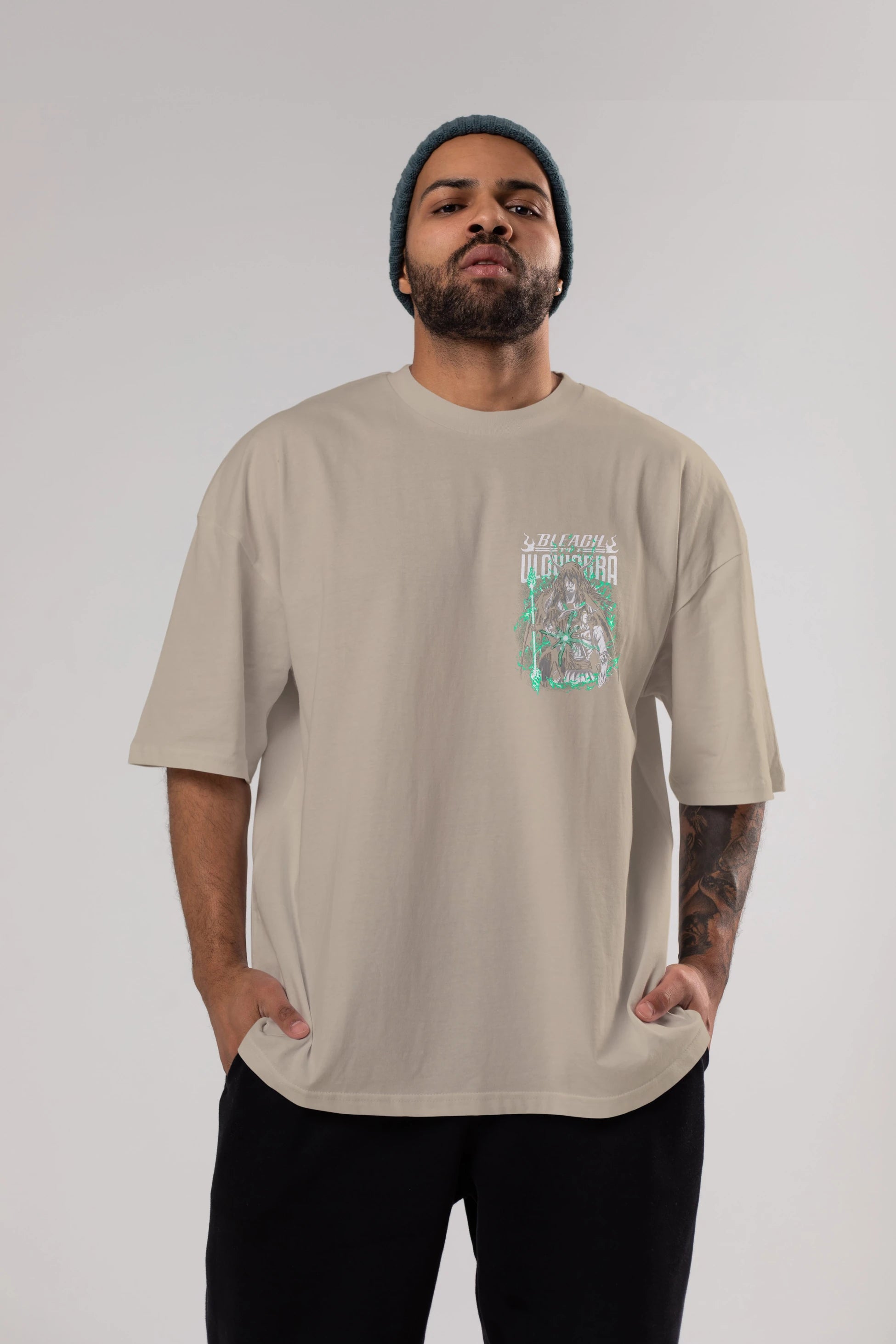 BLEACH(ULQUIARRA) Ön Sol Baskılı Oversize t-shirt Erkek Kadın Unisex %100 Pamuk Bisiklet Yaka tişort