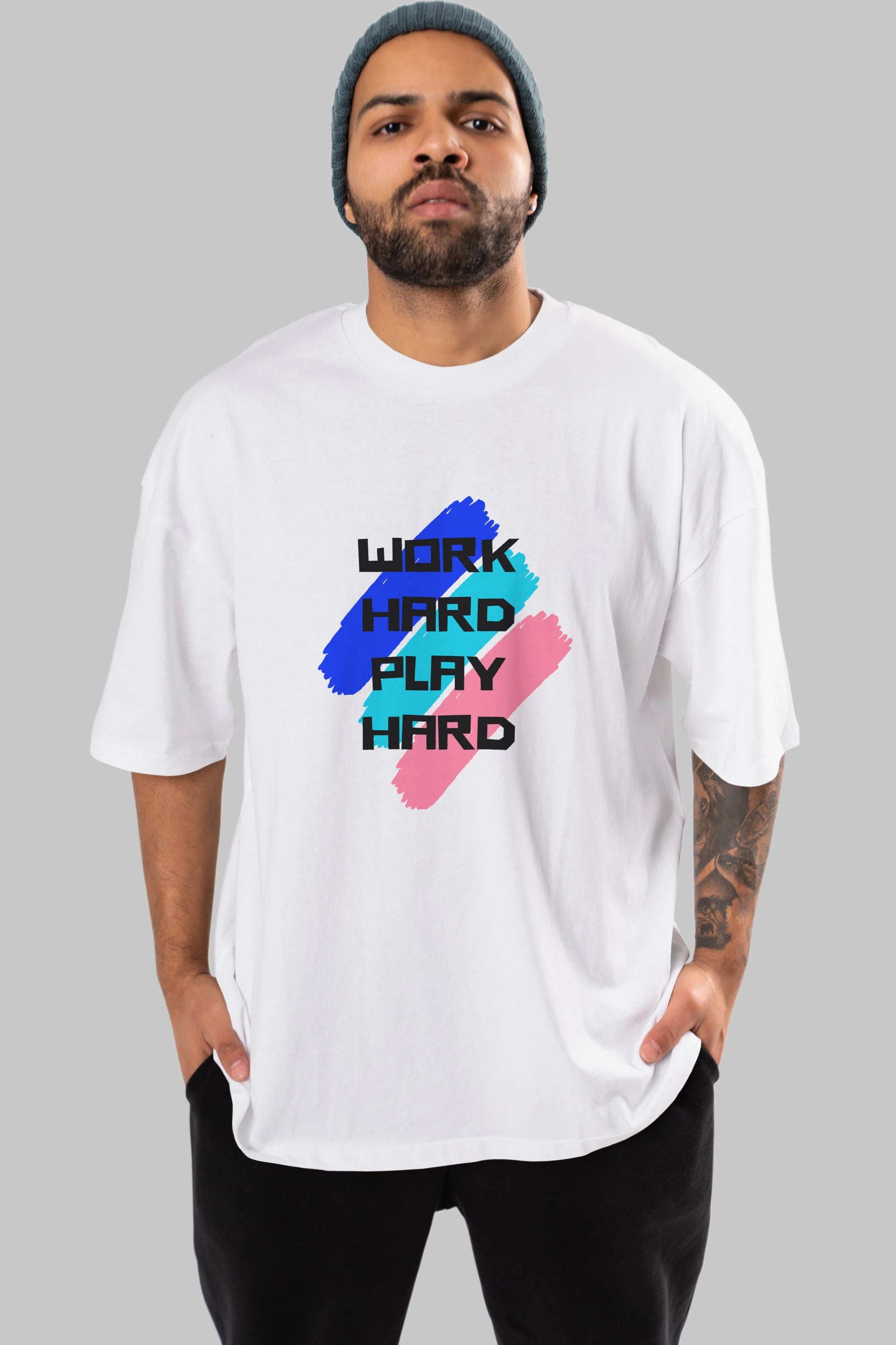 Work Hard Play Hard 2 Ön Baskılı Oversize t-shirt Erkek Kadın Unisex