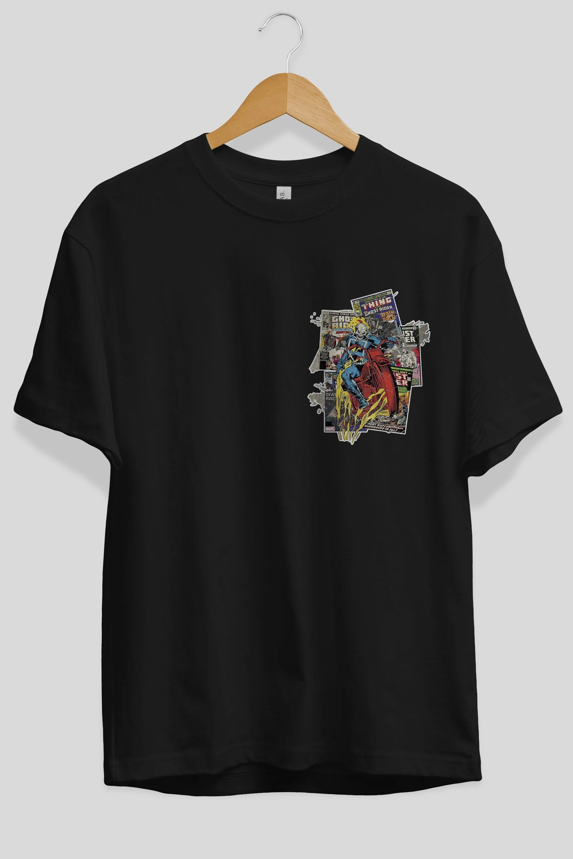 Ghost Rider Ön Sol Baskılı Oversize t-shirt Erkek Kadın Unisex %100 Pamuk Bisiklet Yaka tişort