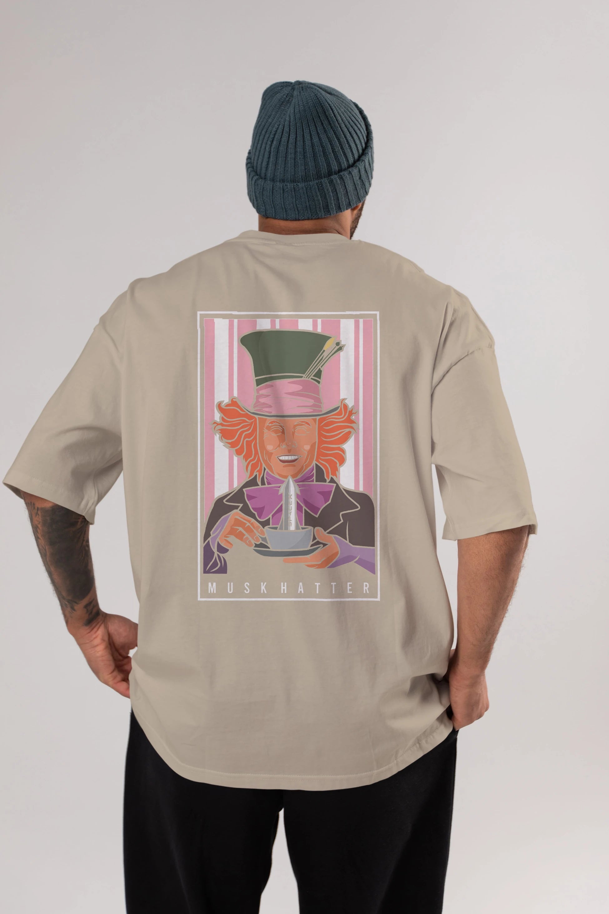 Mad Hatter Elon Musk Arka Baskılı Oversize t-shirt Erkek Kadın Unisex %100 Pamuk tişort