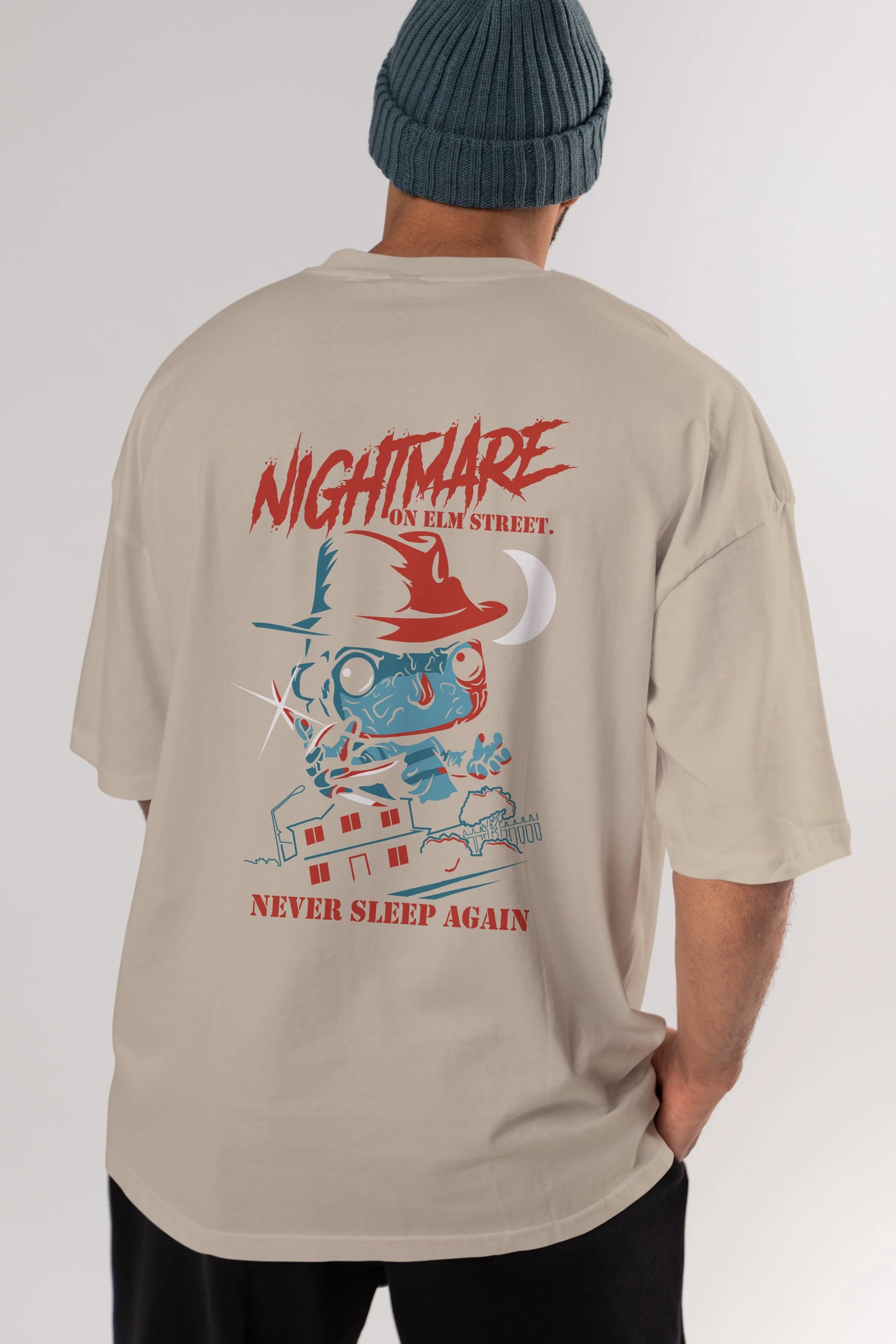 Nightmare Elm Sokağı Arka Baskılı Oversize t-shirt Erkek Kadın Unisex %100 Pamuk Bisiklet Yaka tişort
