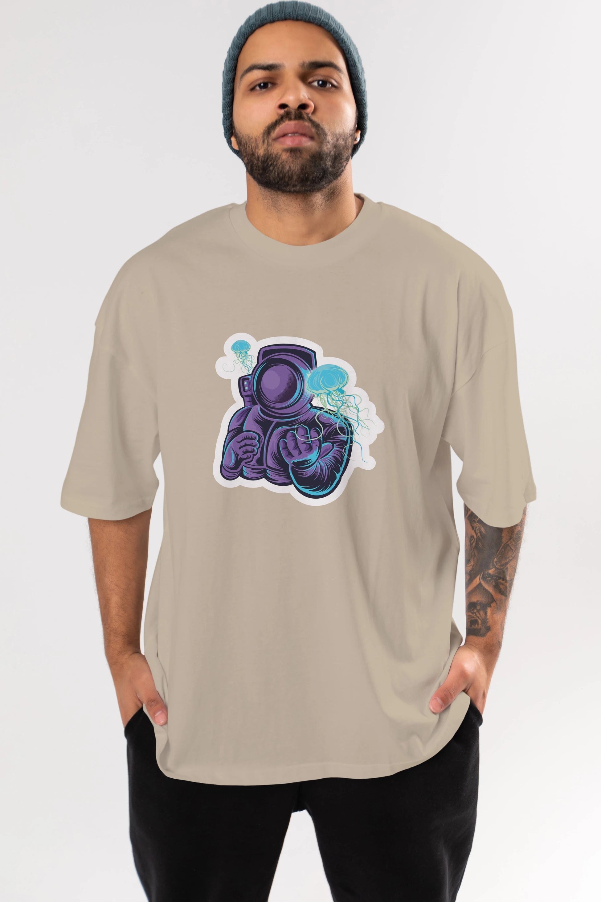 Astronaut and Jellyfish Sticker Ön Baskılı Oversize t-shirt Erkek Kadın Unisex