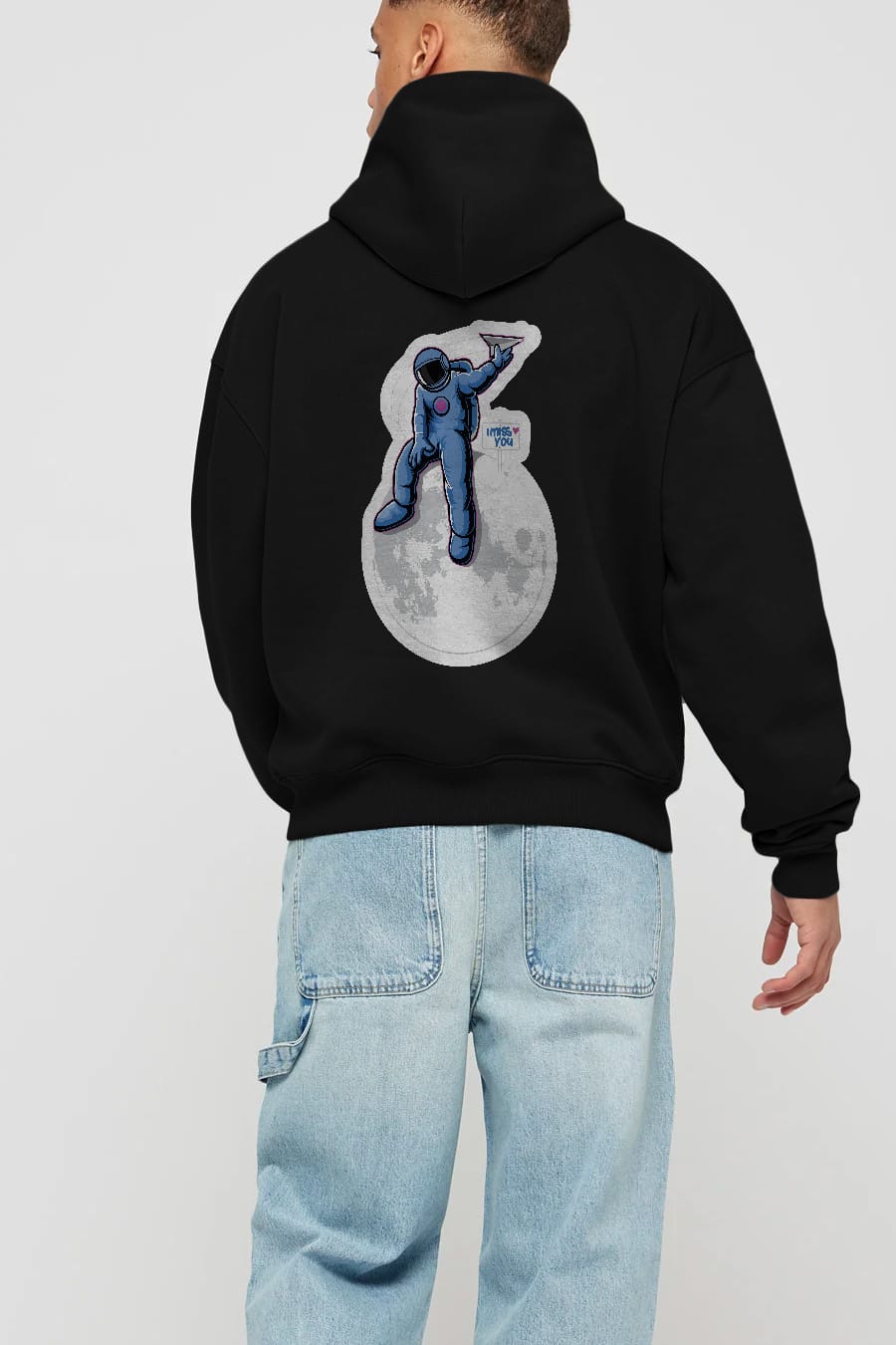 Astro Missing Earth Sticker Arka Baskılı Hoodie Oversize Kapüşonlu Sweatshirt Erkek Kadın Unisex