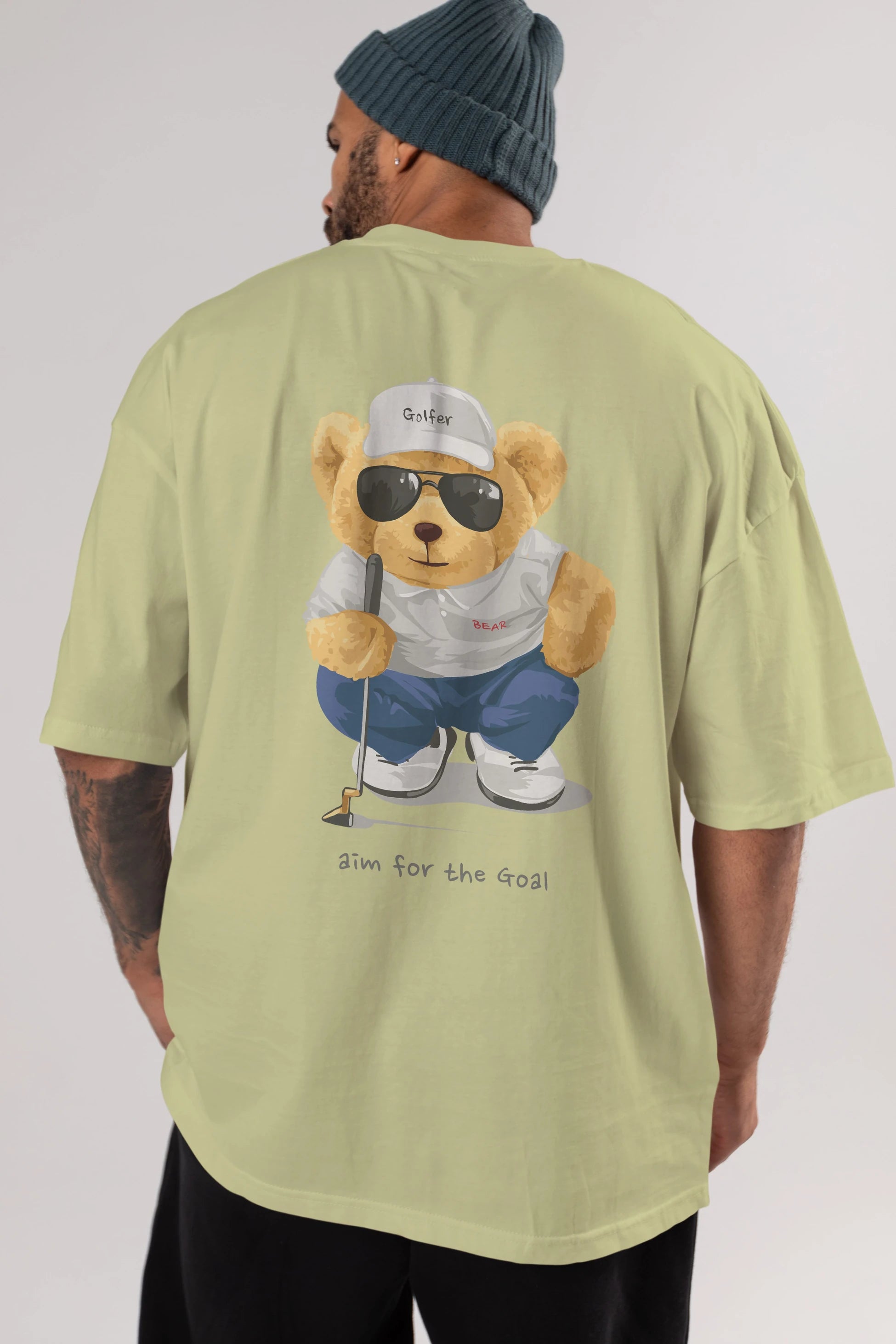 Teddy Bear Golfer Arka Baskılı Oversize t-shirt Erkek Kadın Unisex %100 Pamuk
