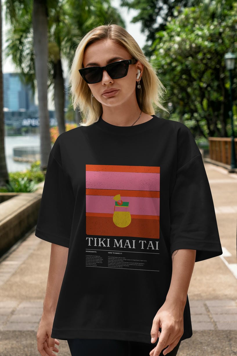 Tiki Mai Tai Kokteyl Ön Baskılı Oversize t-shirt Erkek Kadın %100 Pamuk Bisiklet Yaka tişort