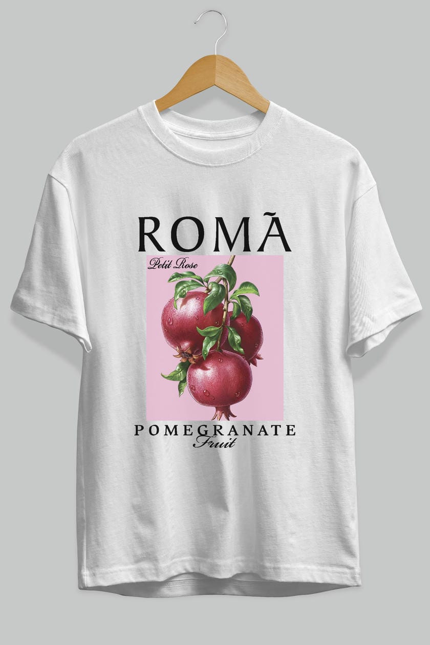Roma Pomegranate Nar Ön Baskılı Oversize t-shirt Erkek Kadın Pamuk Bisiklet Yaka tişort