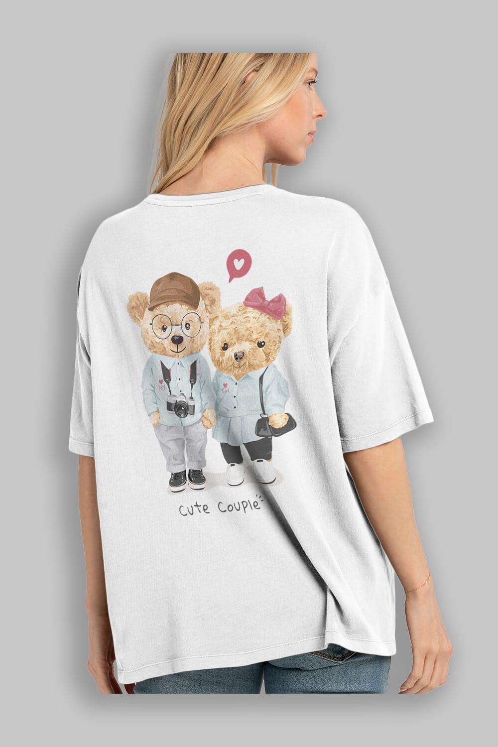 Teddy Bear Cute Couple Arka Baskılı Oversize t-shirt Erkek Kadın Unisex %100 Pamuk