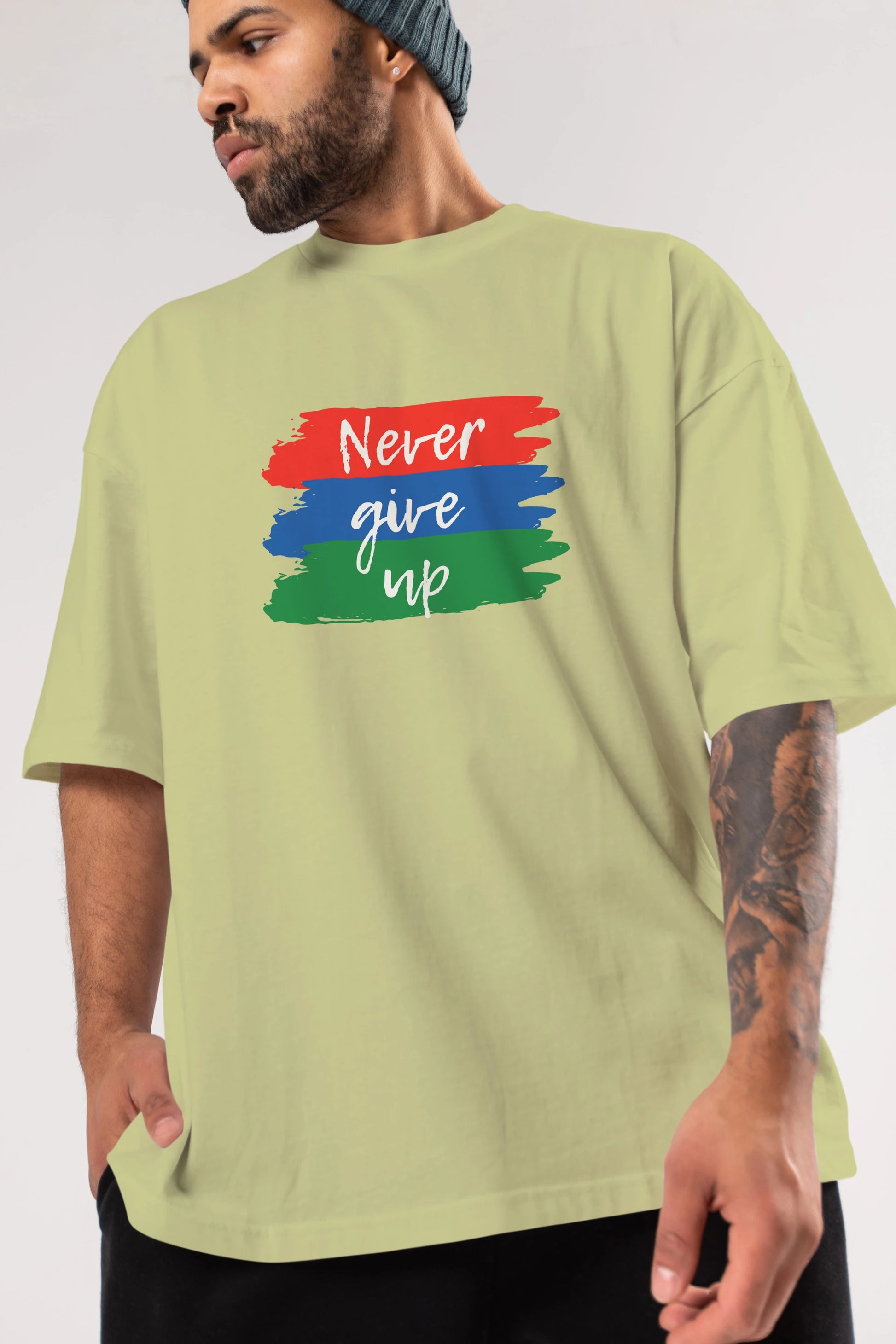 Never Give Up Yazılı Ön Baskılı Oversize t-shirt Erkek Kadın Unisex