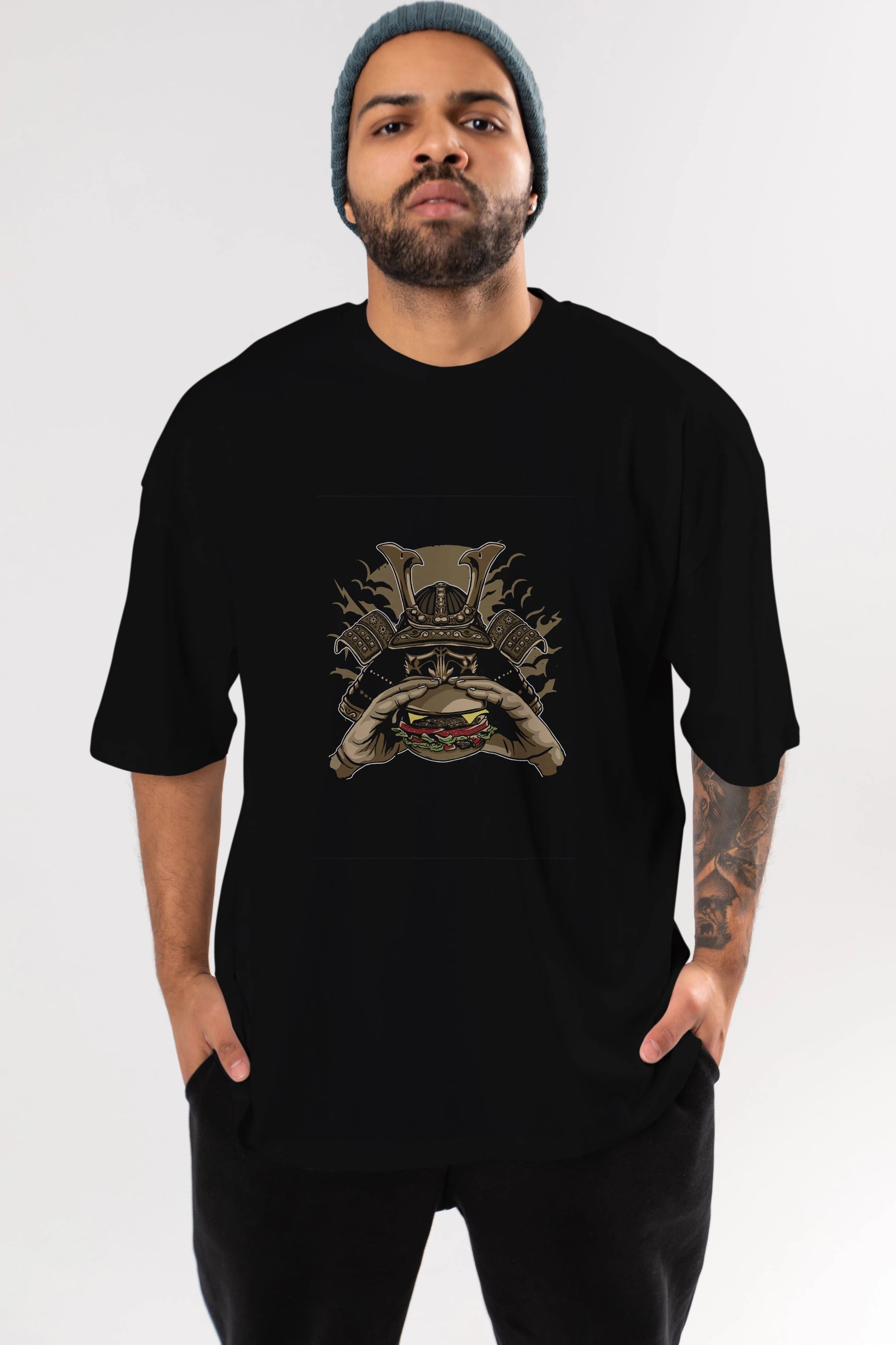 Samurai Burger Ön Baskılı Oversize t-shirt Erkek Kadın Unisex %100 Pamuk tişort