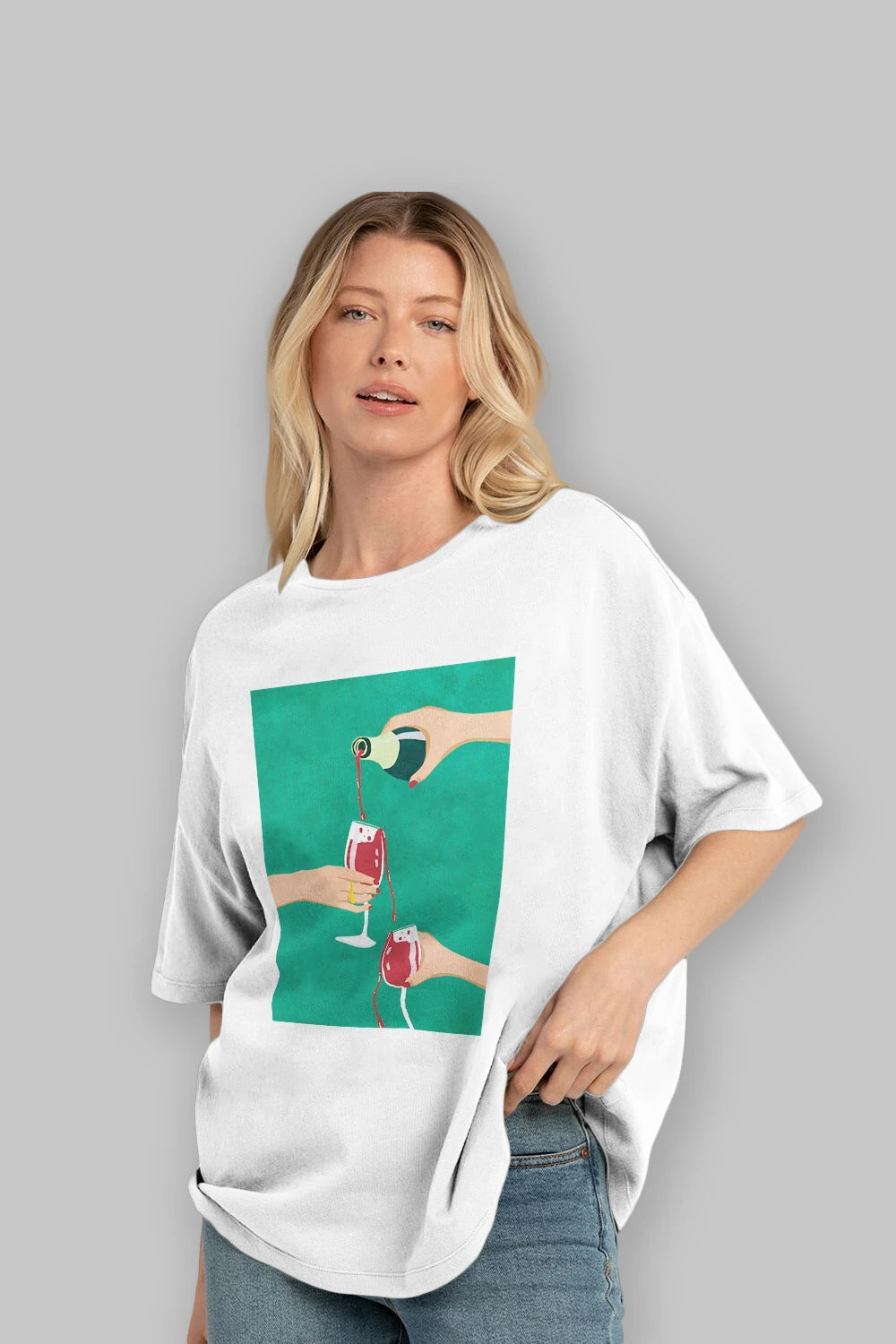 Wine 2 Ön Baskılı Oversize t-shirt Erkek Kadın Unisex %100 Pamuk Bisiklet Yaka tişort