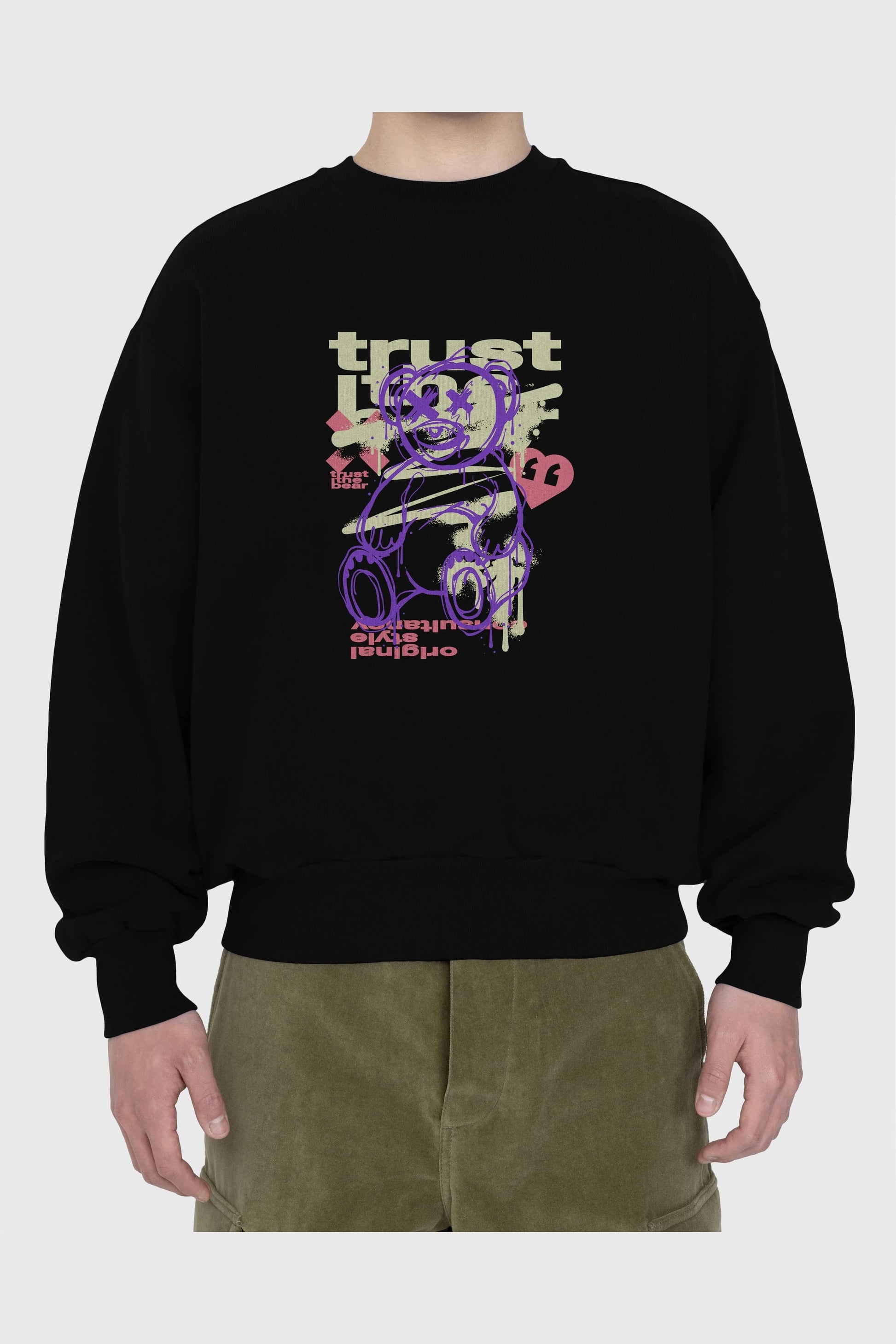 Trust The Bear 3 Ön Baskılı Oversize Sweatshirt Erkek Kadın Unisex