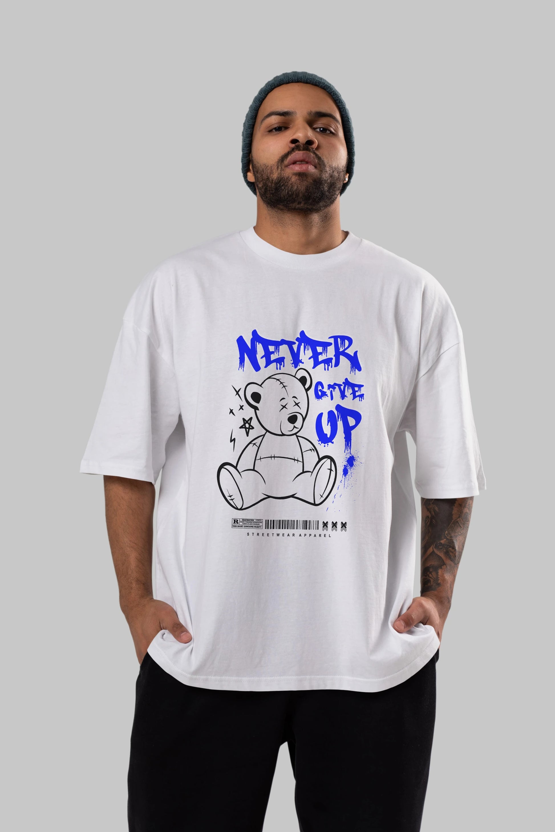 Teddy Bear Never Give Up Ön Baskılı Oversize t-shirt Erkek Kadın Unisex