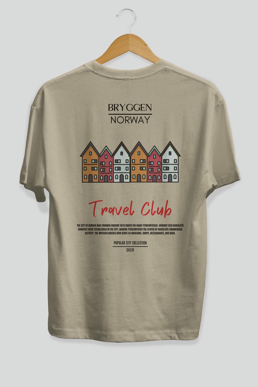 Bryggen Norway Arka Baskılı Oversize t-shirt Erkek Kadın Pamuk Bisiklet Yaka tişort