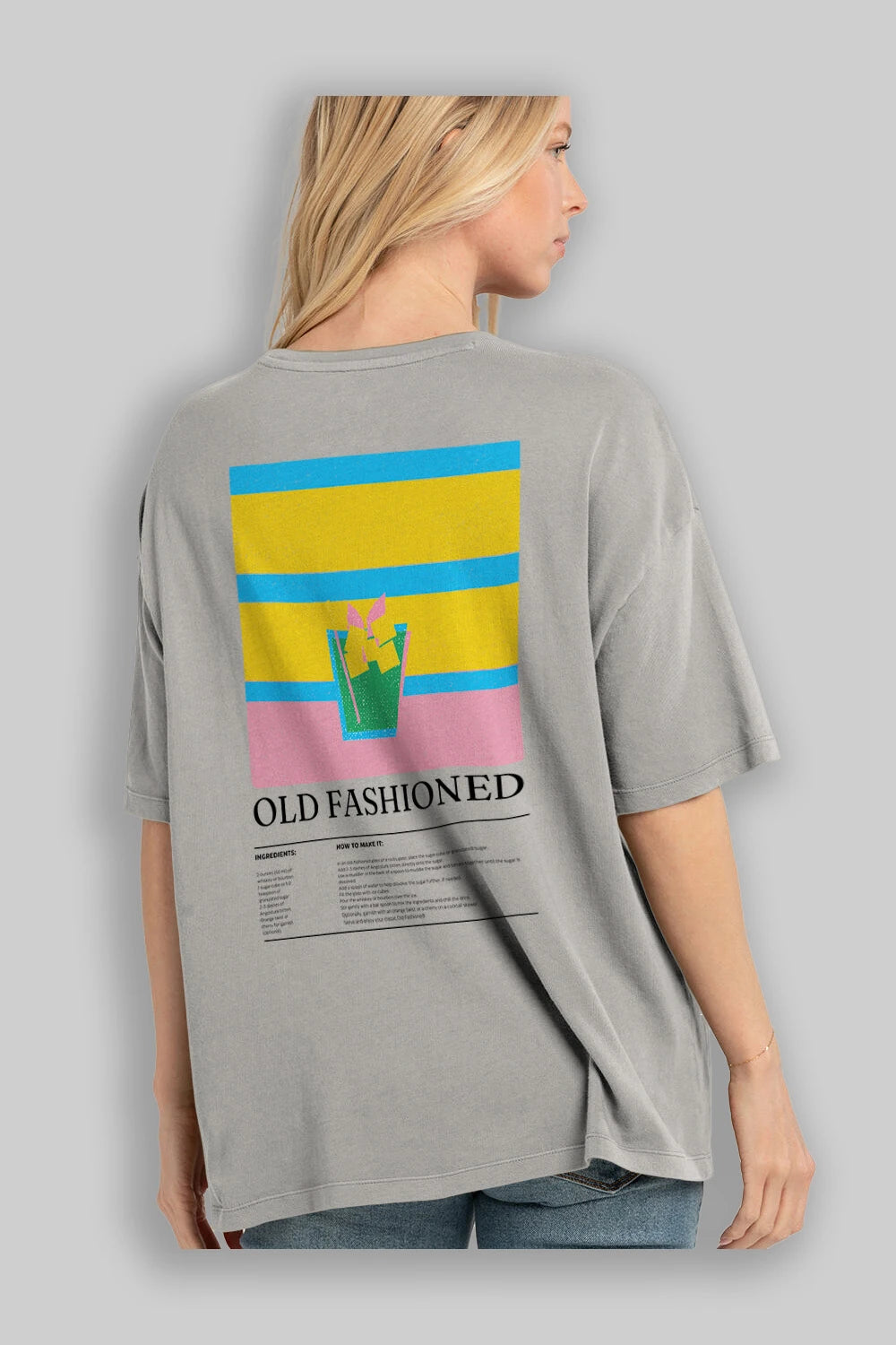 Old Fashioned Kokteyl Serisi Arka Baskılı Oversize t-shirt Erkek Kadın %100 Pamuk Bisiklet Yaka tişort