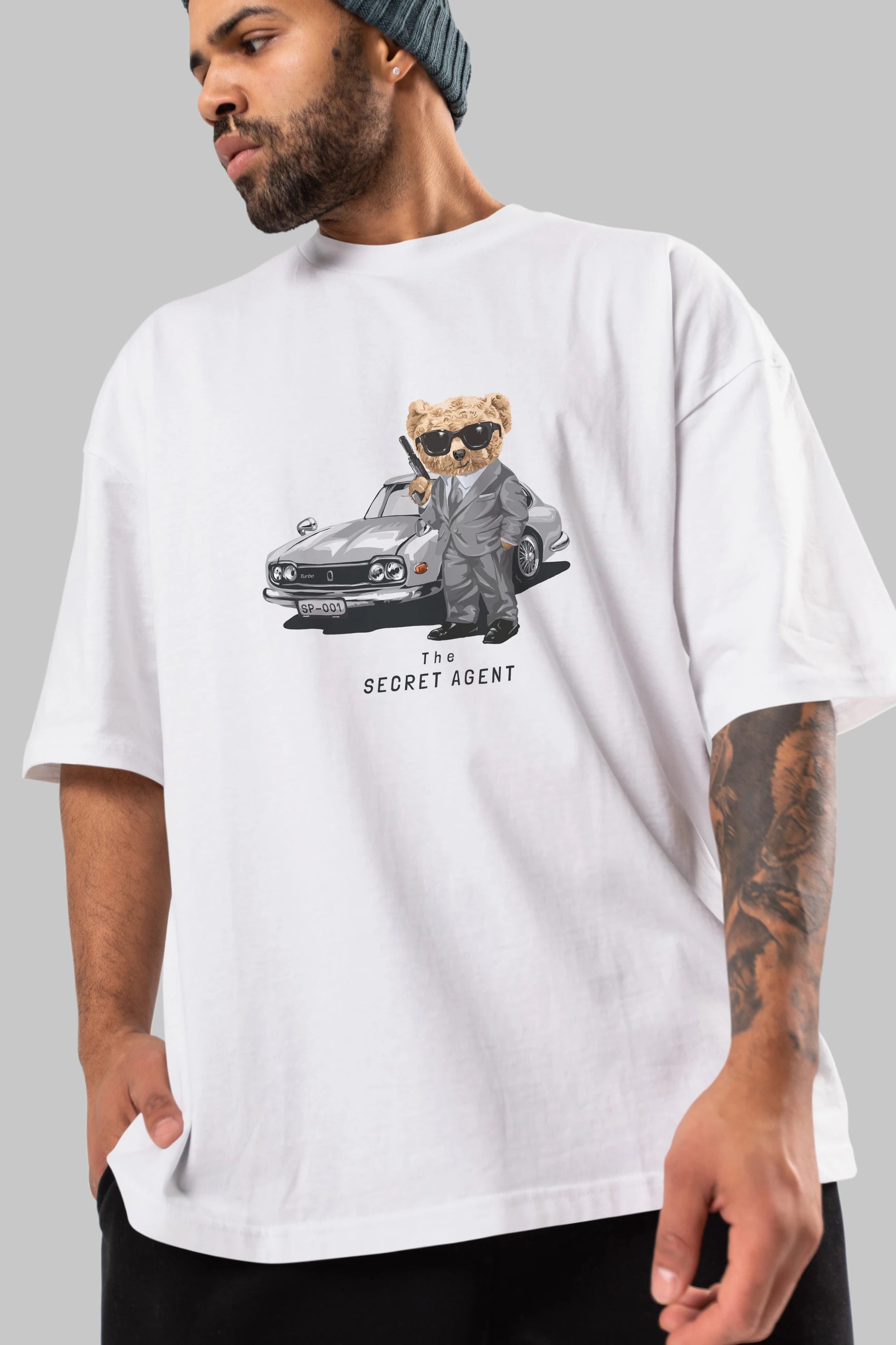 Teddy Bear The Secret Agent Ön Baskılı Oversize t-shirt Erkek Kadın Unisex %100 Pamuk
