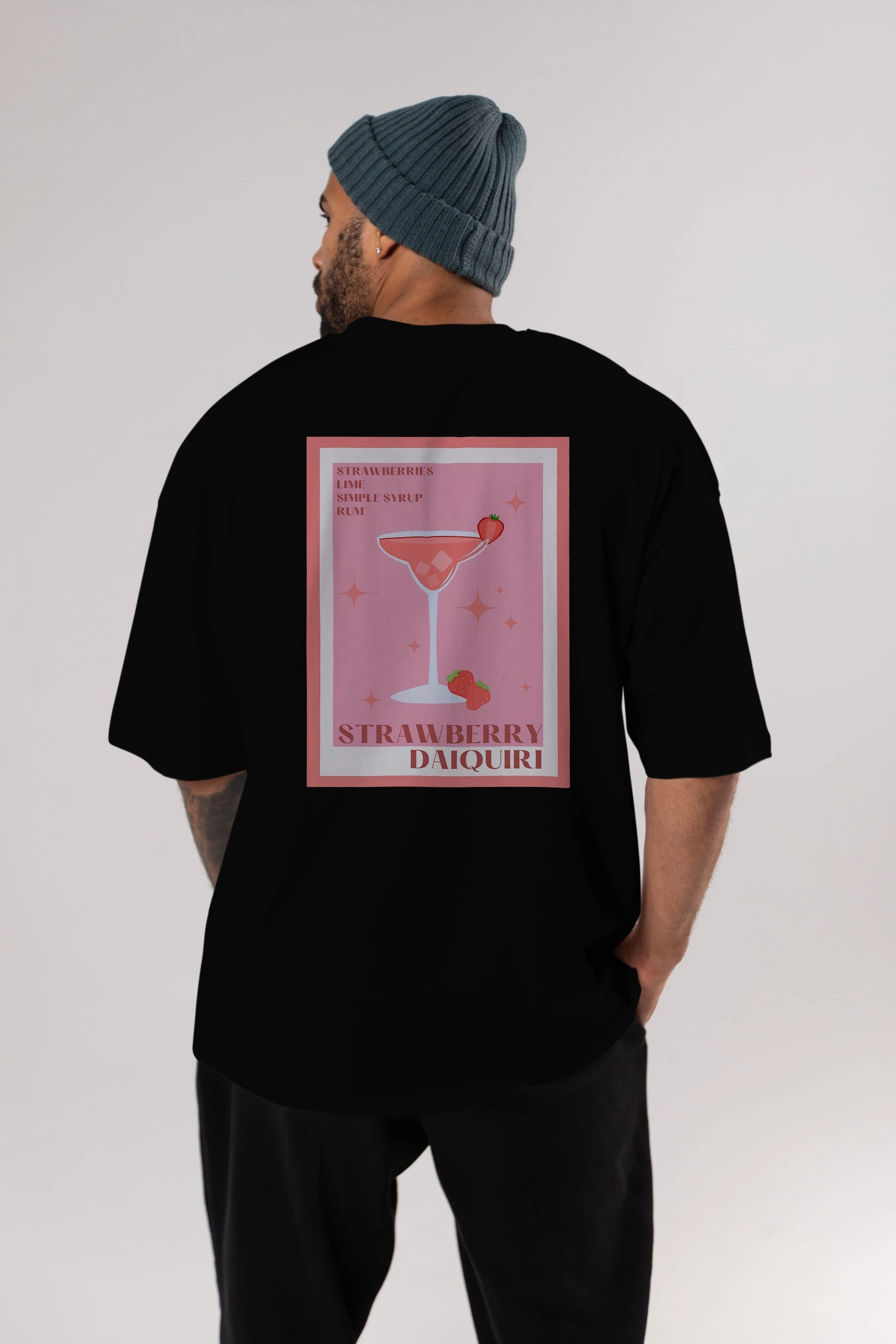 Strawberry Daiquiri Arka Baskılı Oversize t-shirt Erkek Kadın Unisex %100 Pamuk Bisiklet Yaka tişort
