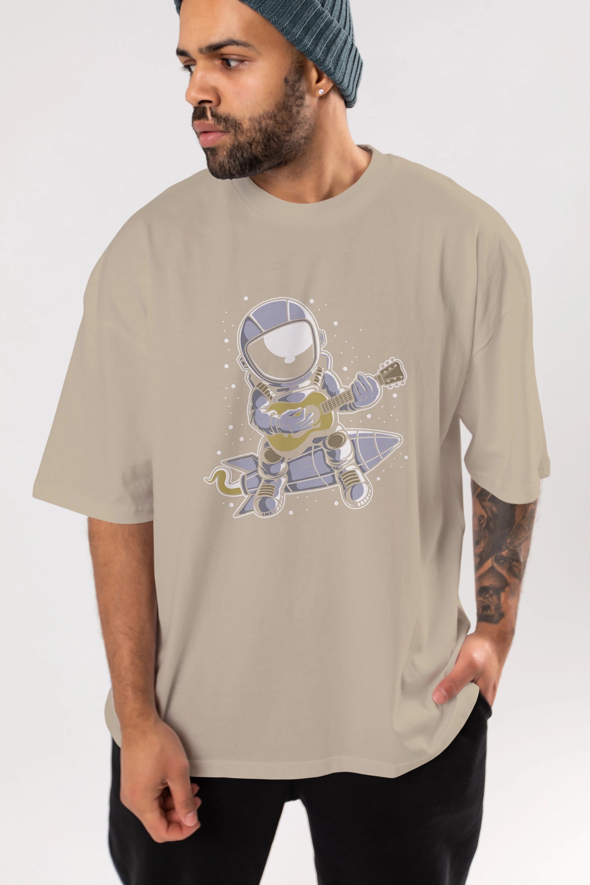 Astronaut Guitar (2) Ön Baskılı Oversize t-shirt Erkek Kadın Unisex