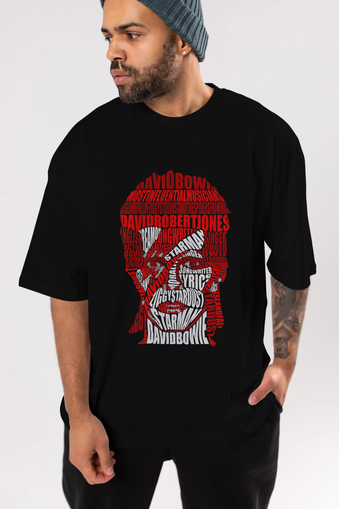 David Bowie Calligram Ön Baskılı Oversize t-shirt %100 pamuk Erkek Kadın Unisex