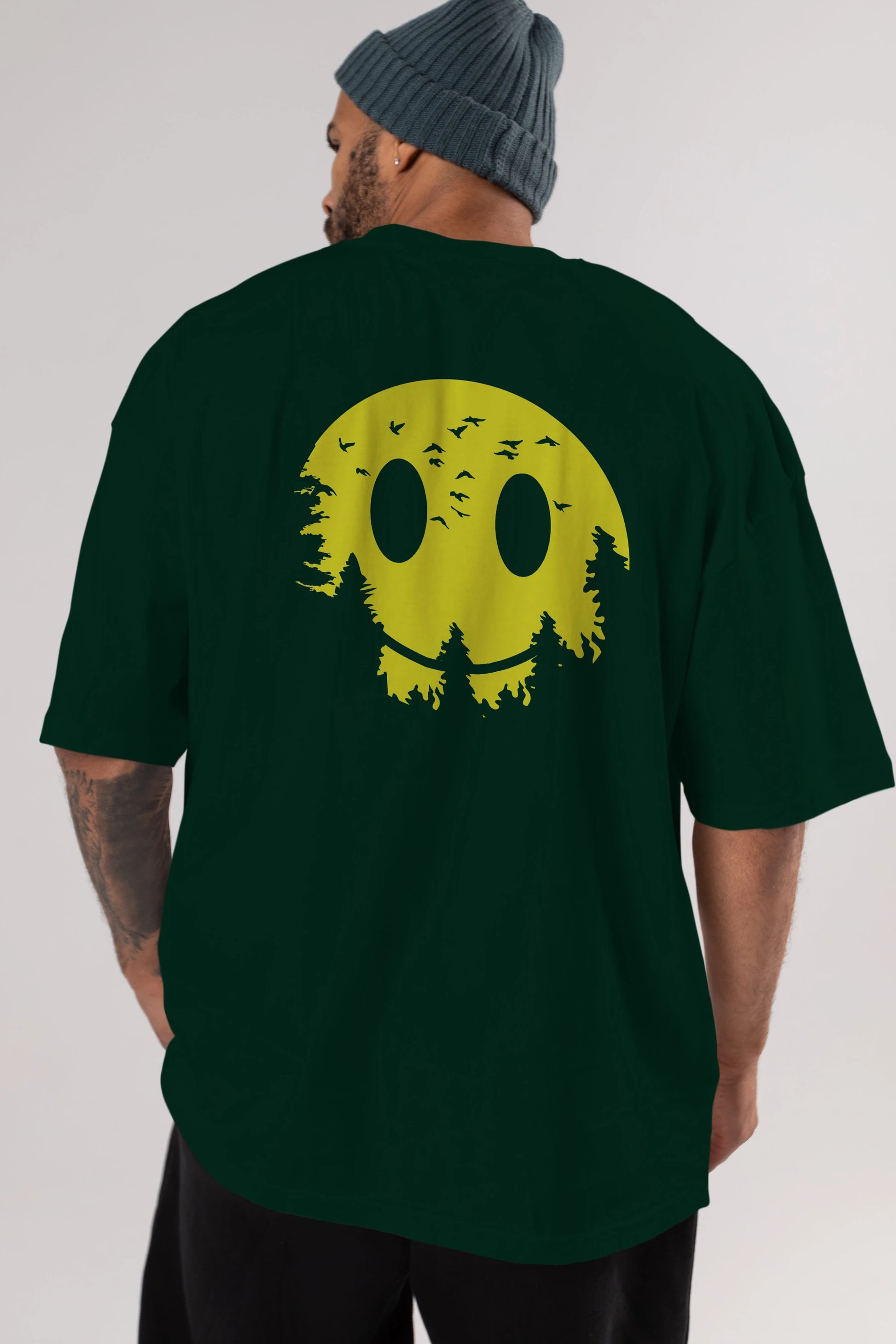 Smiley Moon Arka Baskılı Oversize t-shirt %100 pamuk Erkek Kadın Unisex