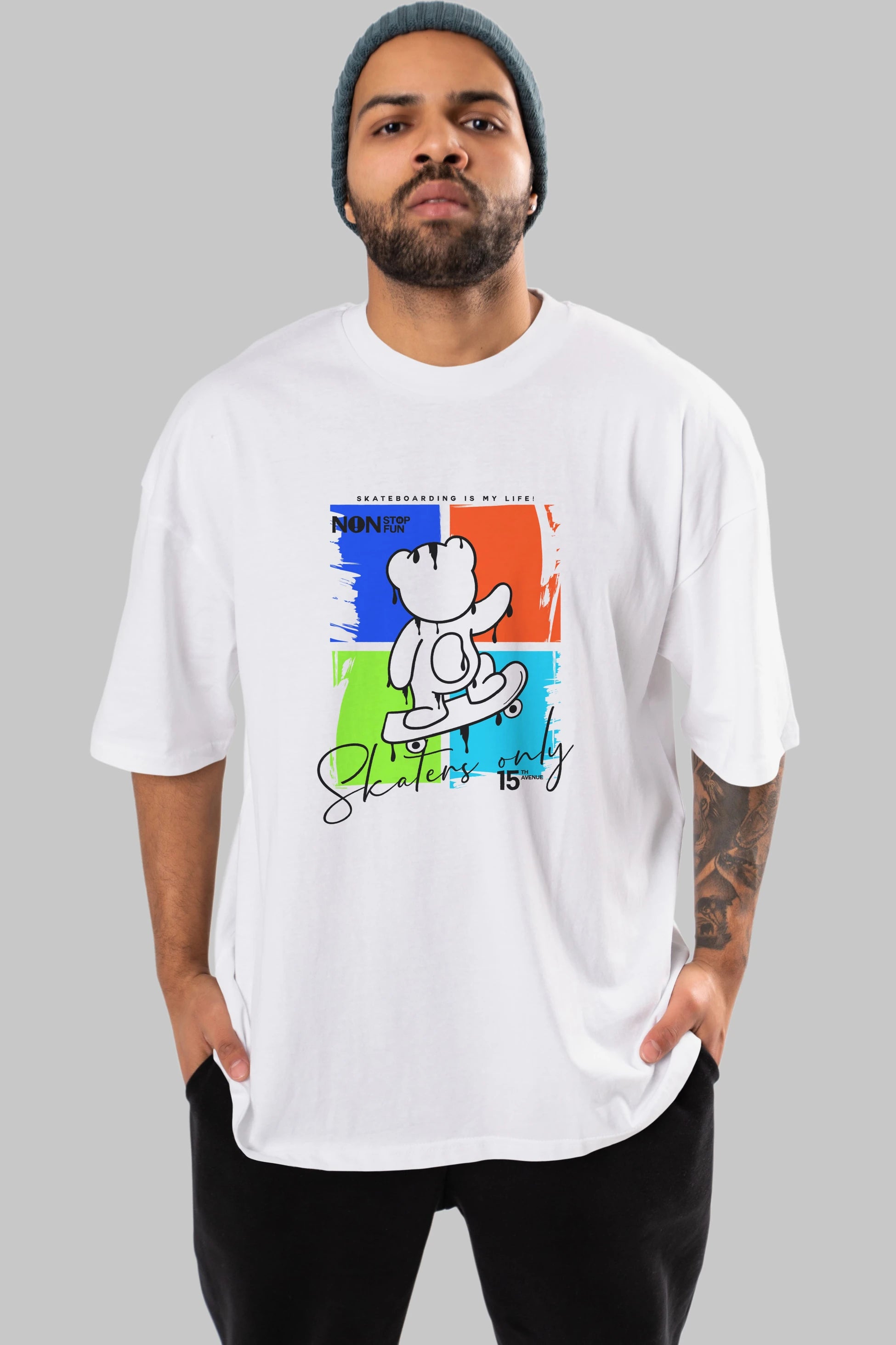 Skaters Only Bear Ön Baskılı Oversize t-shirt Erkek Kadın Unisex