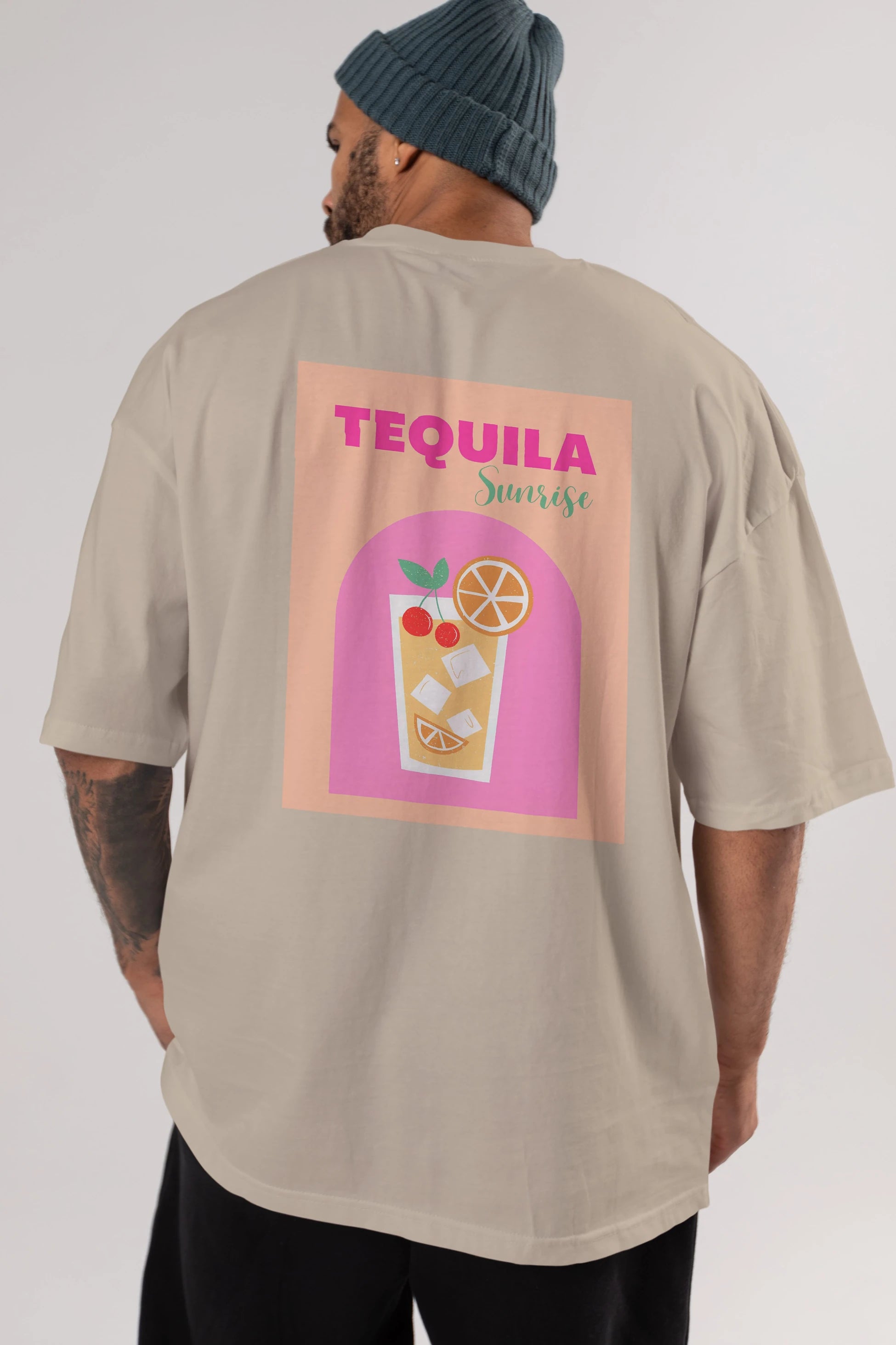 Tequila Sunrise 2 Arka Baskılı Oversize t-shirt Erkek Kadın Unisex %100 Pamuk Bisiklet Yaka tişort