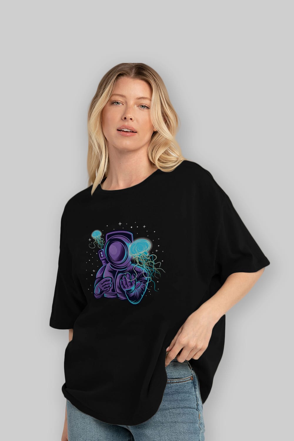 Astronaut and Jellyfish Ön Baskılı Oversize t-shirt Erkek Kadın Unisex