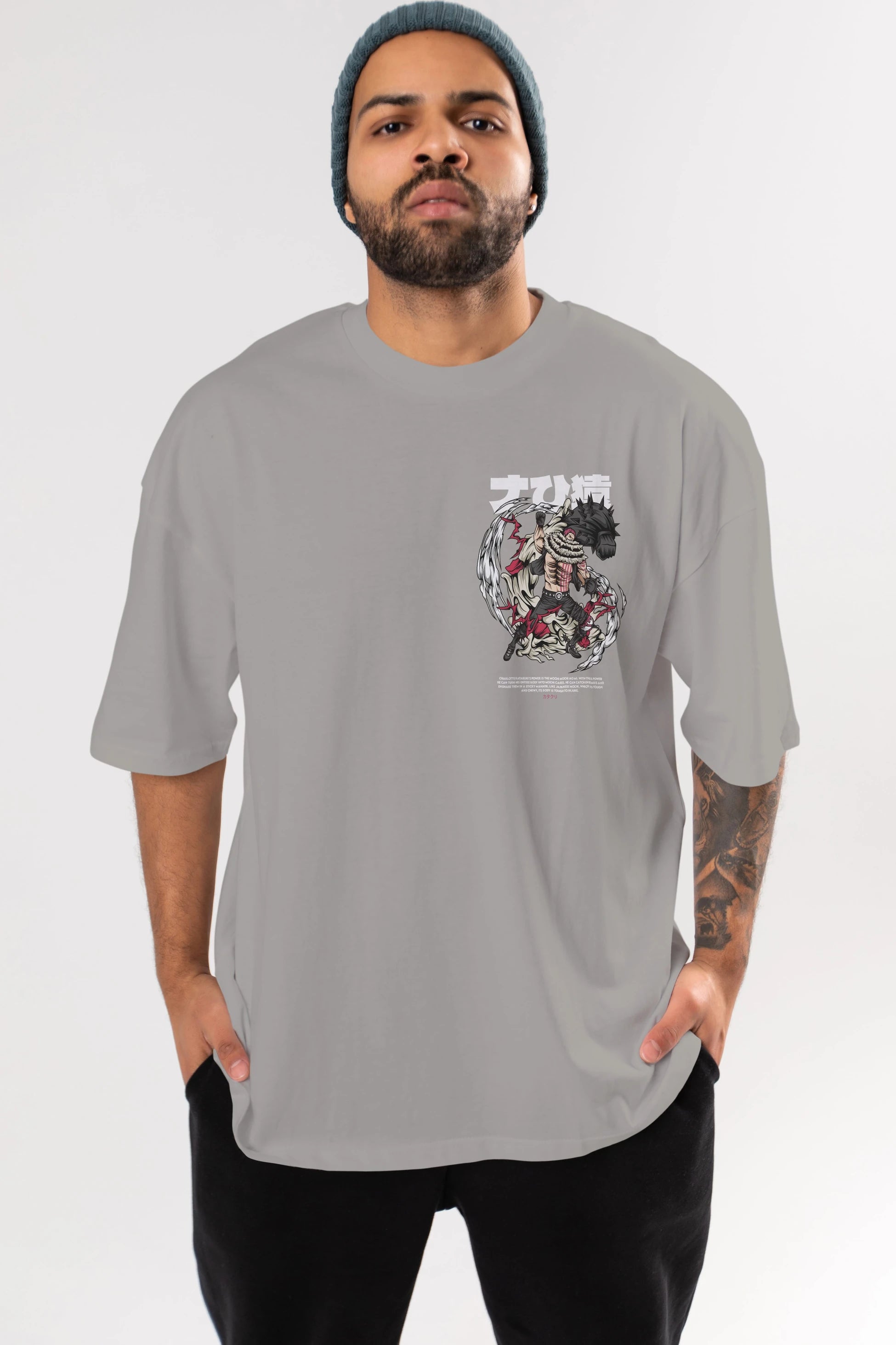 Katakuri Ön Sol Baskılı Oversize t-shirt Erkek Kadın Unisex %100 Pamuk Bisiklet Yaka tişort
