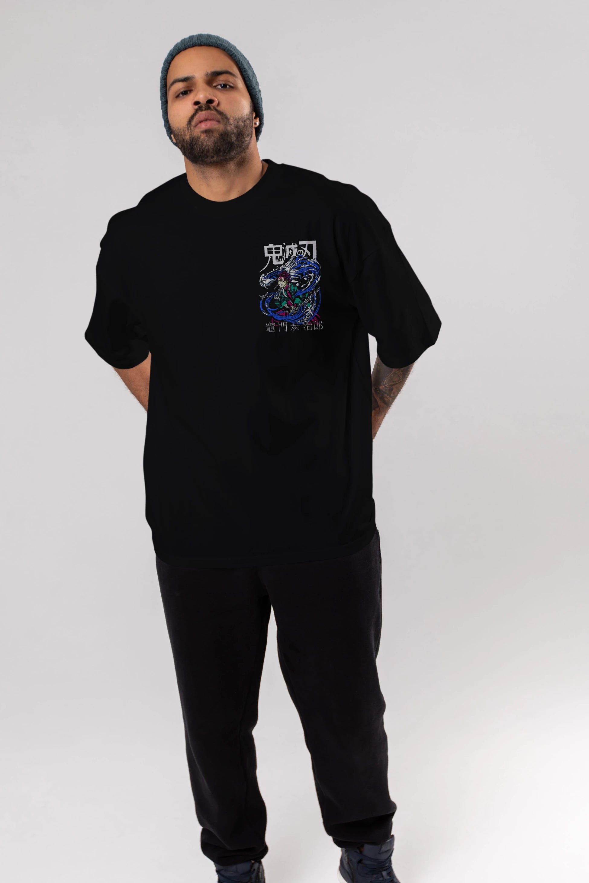 TANJIRO KAMADO 2 Ön Sol Baskılı Oversize t-shirt Erkek Kadın Unisex %100 Pamuk Bisiklet Yaka tişort