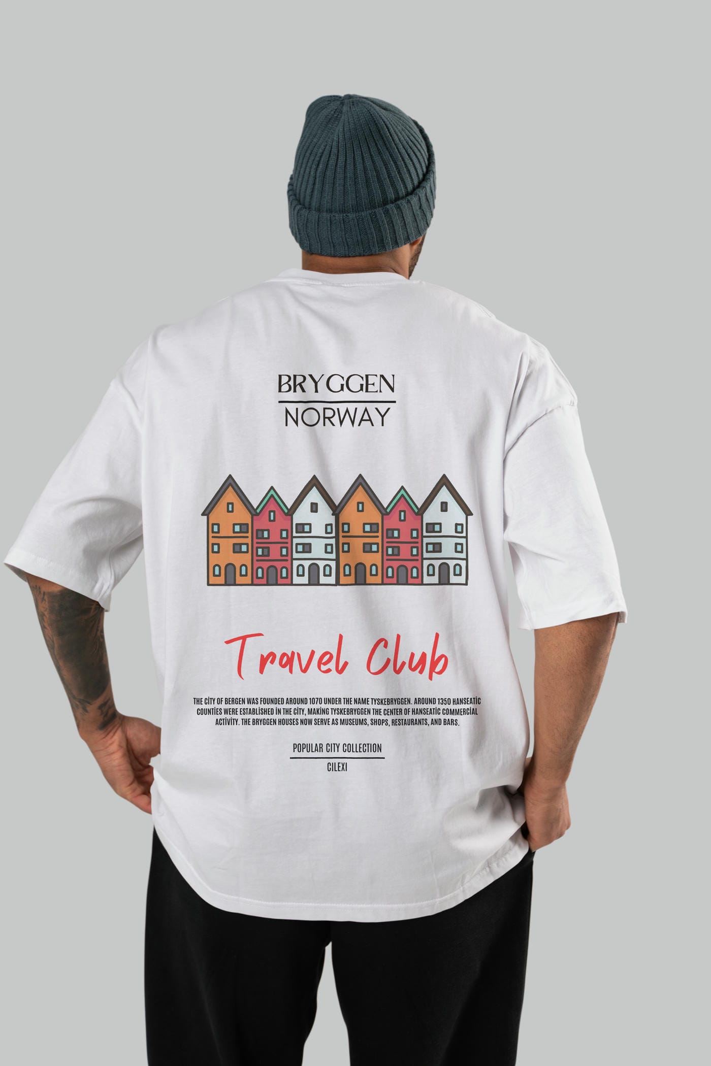 Bryggen Norway Arka Baskılı Oversize t-shirt Erkek Kadın Pamuk Bisiklet Yaka tişort