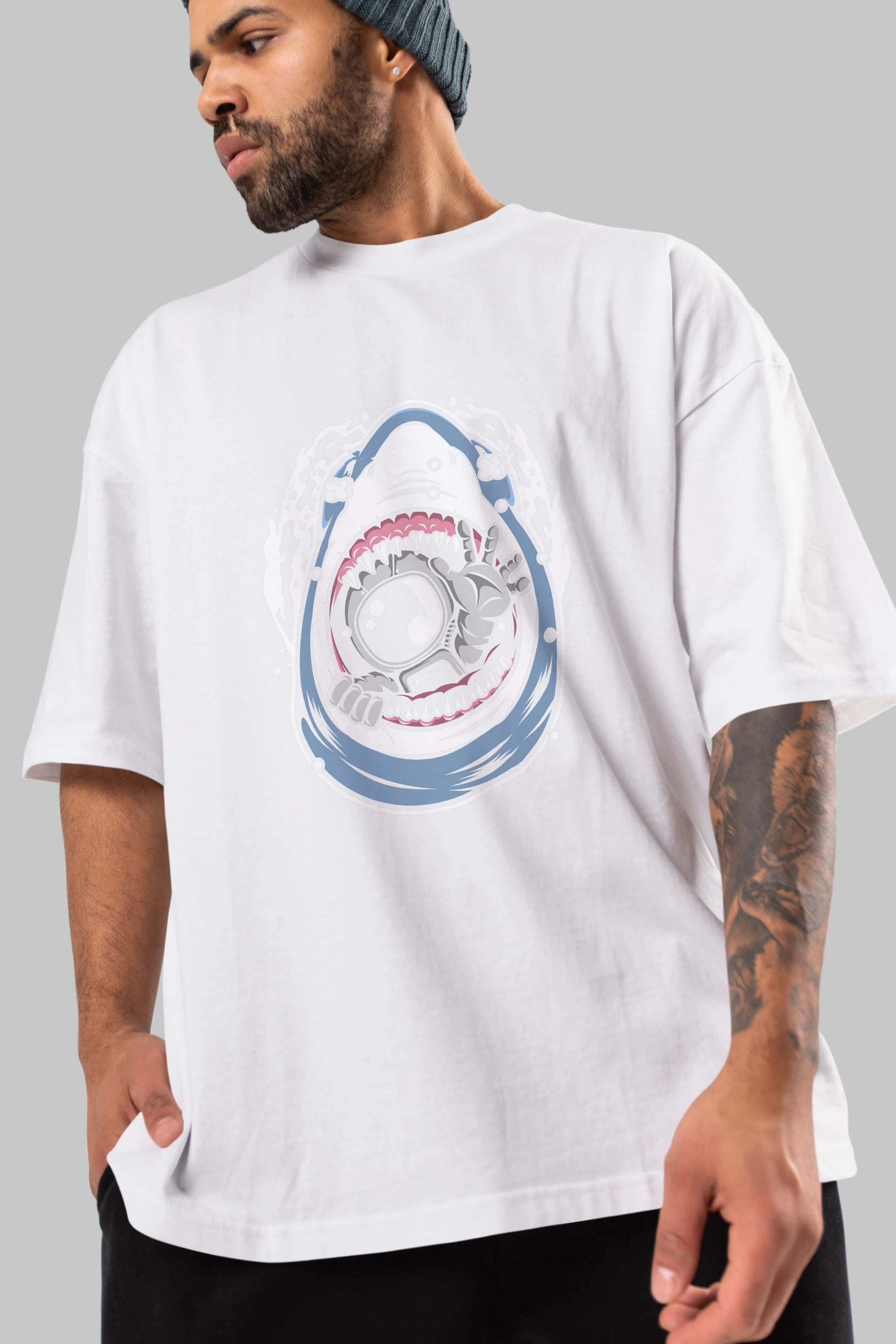 Astronaut Shark Ön Baskılı Oversize t-shirt Erkek Kadın Unisex