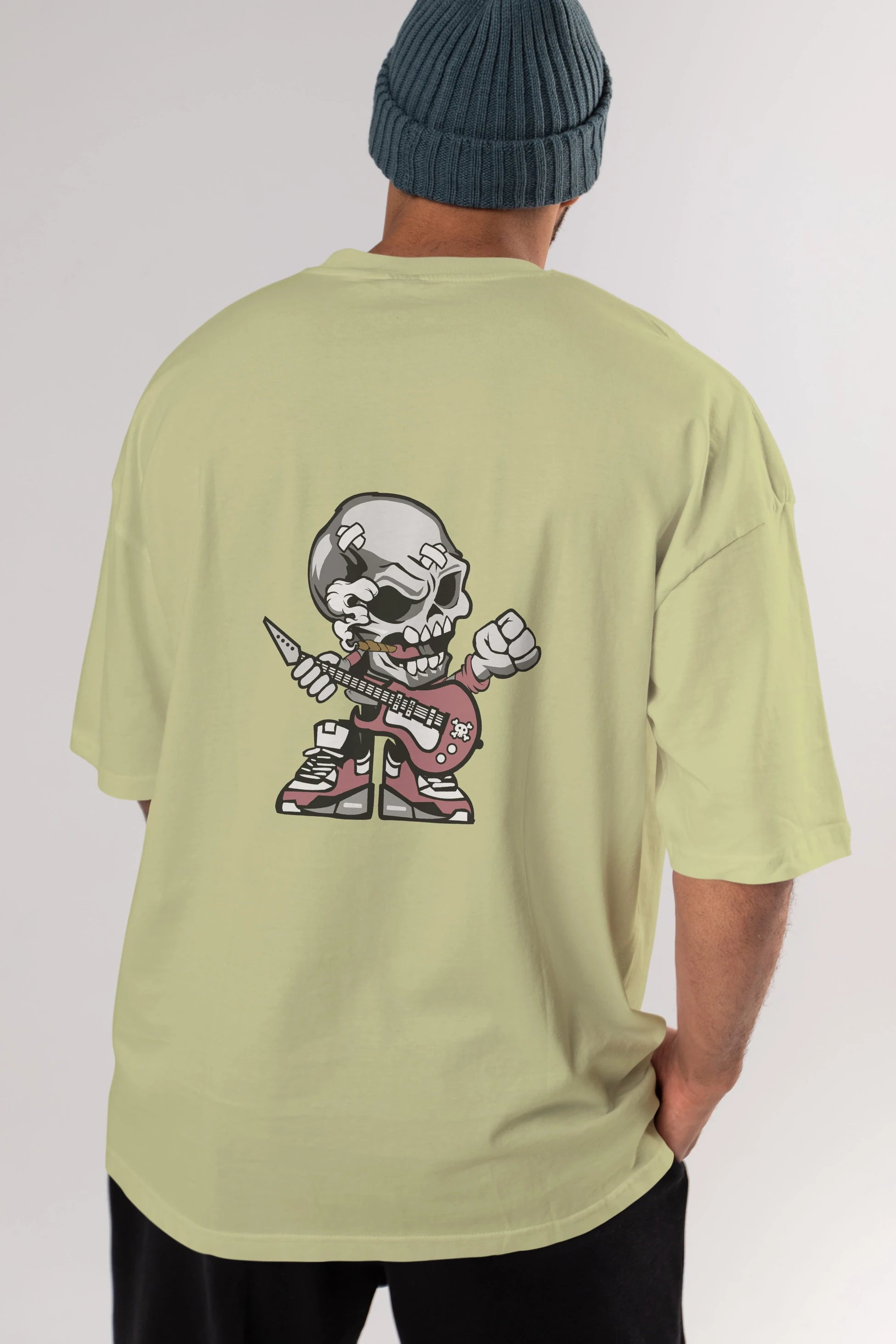 Skull Rockstar Arka Baskılı Oversize t-shirt Erkek Kadın Unisex %100 Pamuk tişort